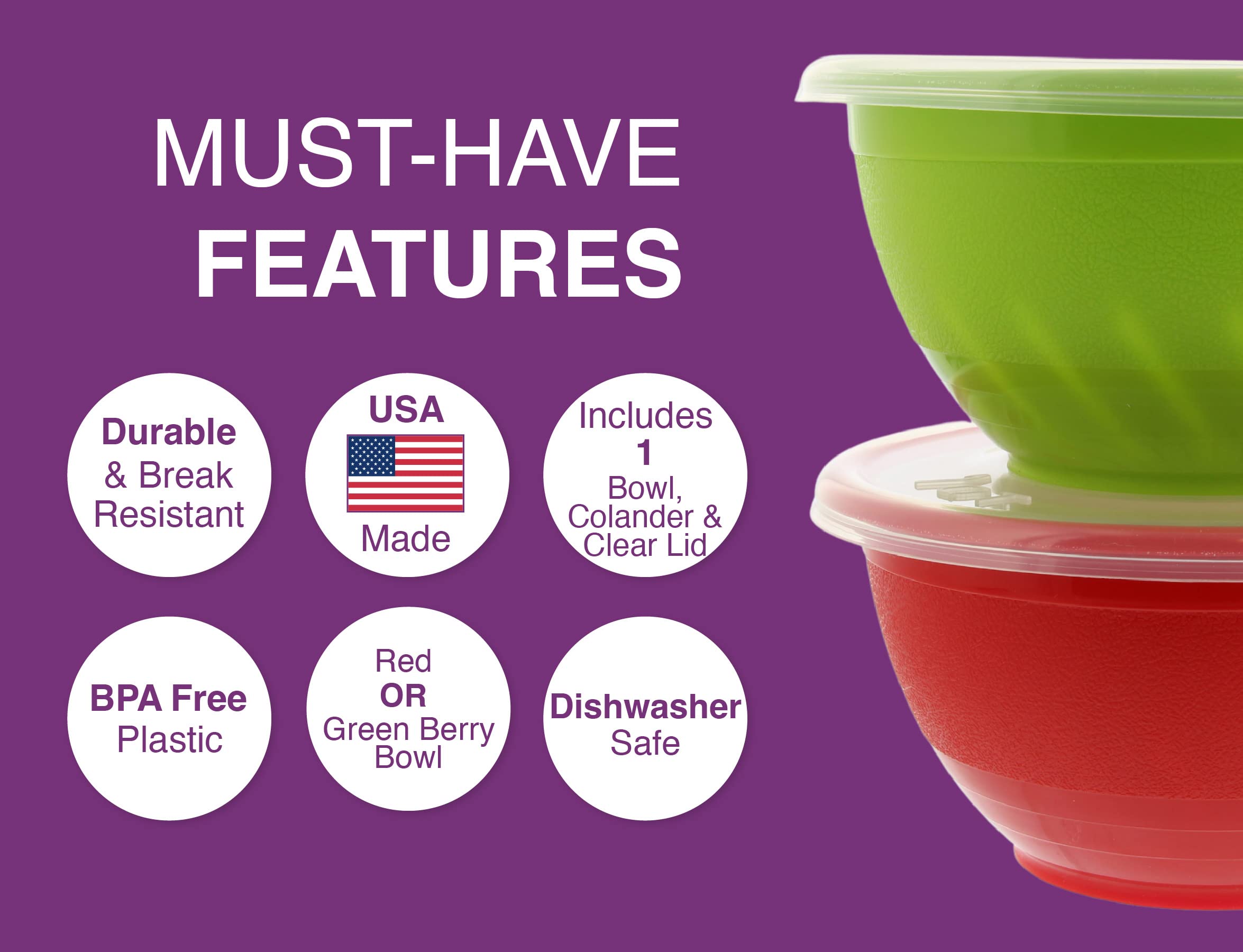 Arrow Home Products Berry Bowl & Berry Colander Set - Fruit Strainer Container With Lid, Rinse Store & Serve - Made In Usa, Dish