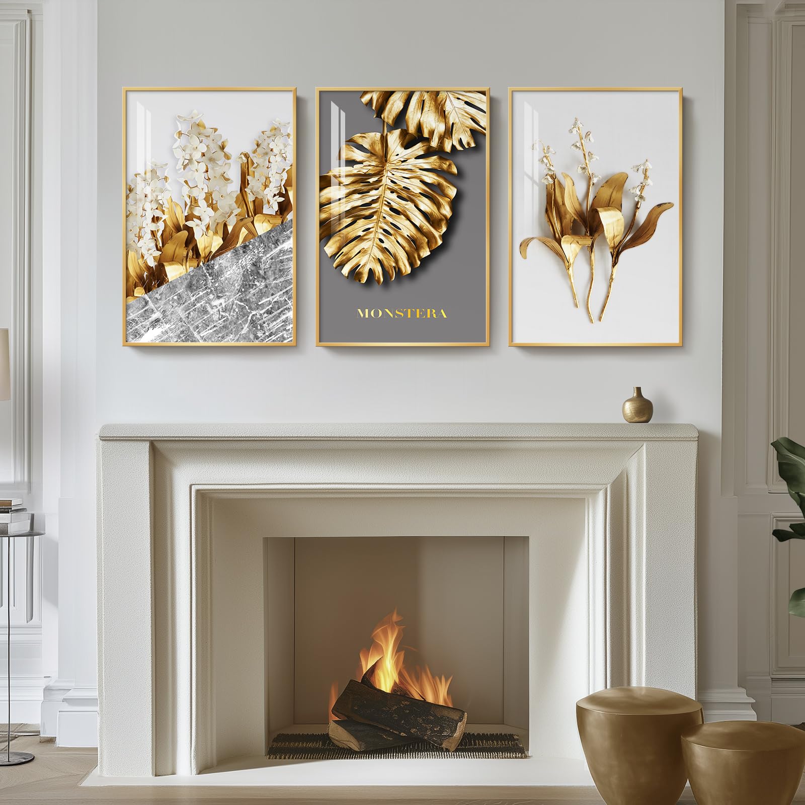 Framed Modern Luxury Gold Wall Art, Set Of 3 Piece Contemporary Paintings Artwork For Walls, Golden Leaf Prints With Gold Frame,