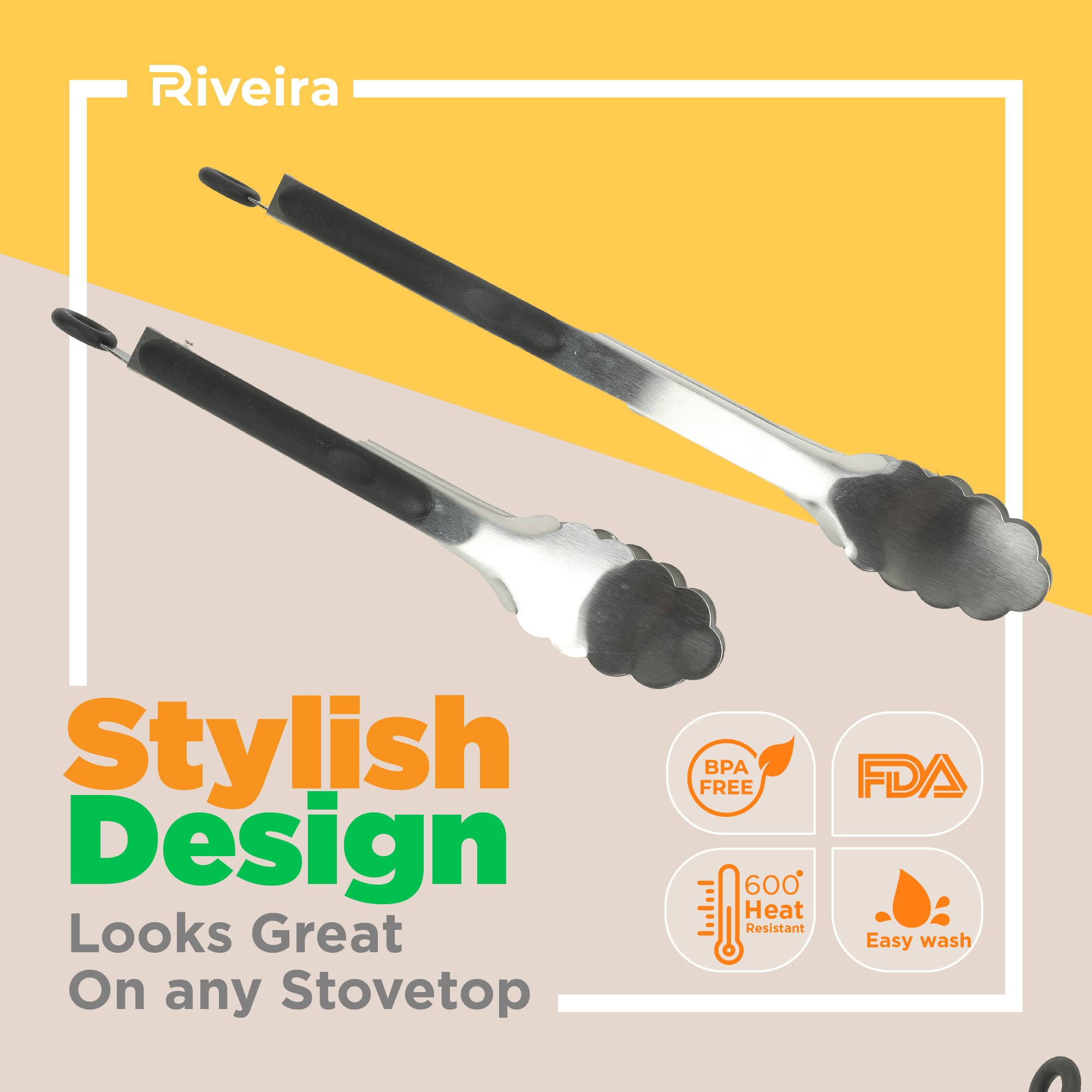 Riveira Stainless Steel Tongs For Cooking 9 And 12 Inch | Non-Stick Kitchen Grill Tongs | Bbq Tongs For Grill | 550F High Heat-R