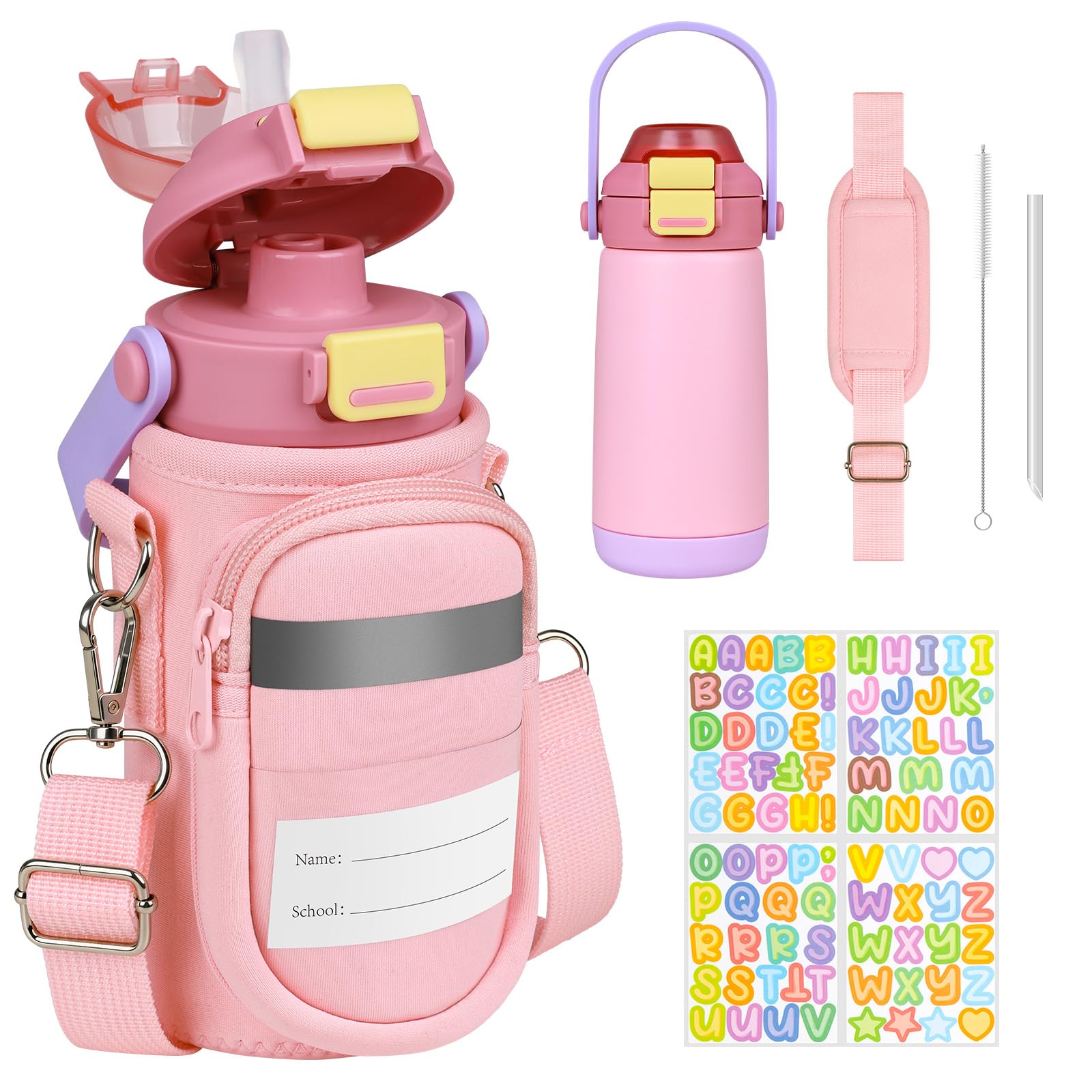REDSHELL Kids Water Bottle with Carrier Bag, Leakproof Steel Tumbler, Pink