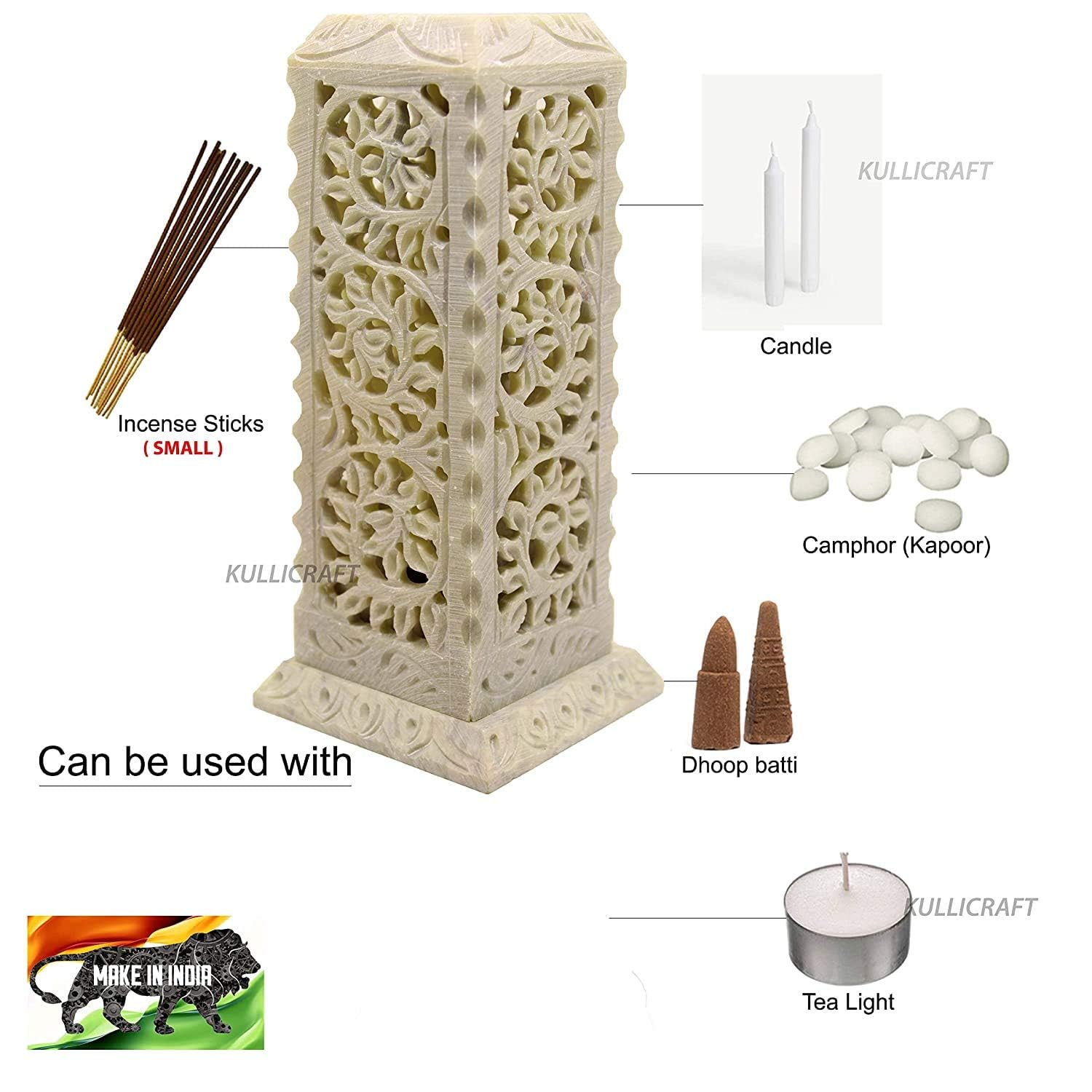 Kc Kullicraft Soapstone Marble Handcrafted Floral Carving Incense Agarbati Stand Holder For Puja With 6 Dhoop Batti