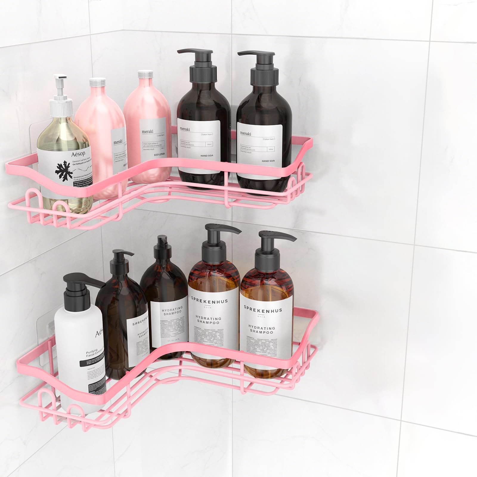 Hsiohe Pink Corner Shower Caddy, Adhesive Shower Organizer for Bathroom Storage, Rustproof Stainless Steel Shower Shelves, No Dr