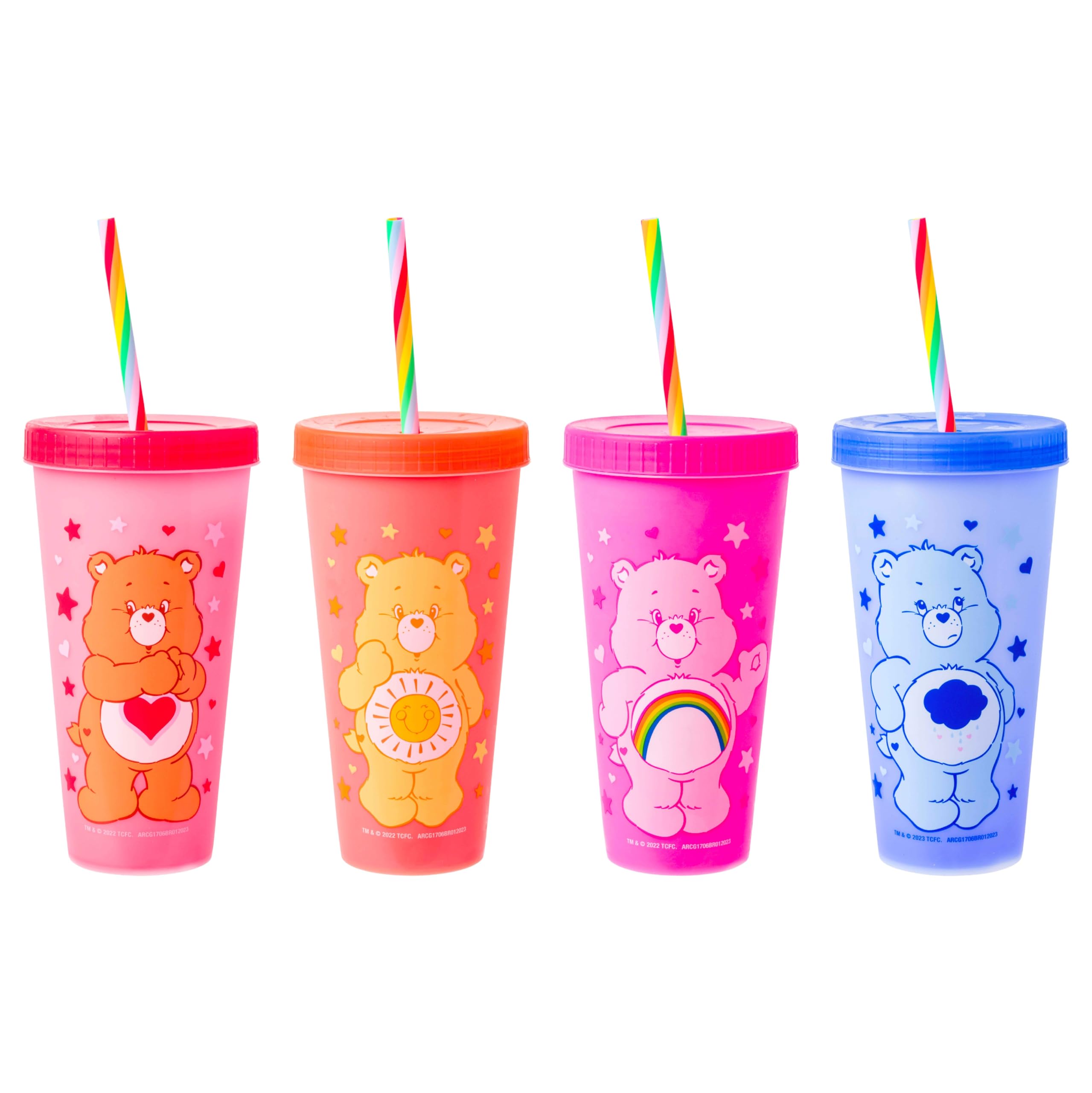 Silver Buffalo Care Bears Hearts And Stars 4 Pack Plastic Color Changing Tumblers With Rainbow Swirl Straws Featuring Tenderhear