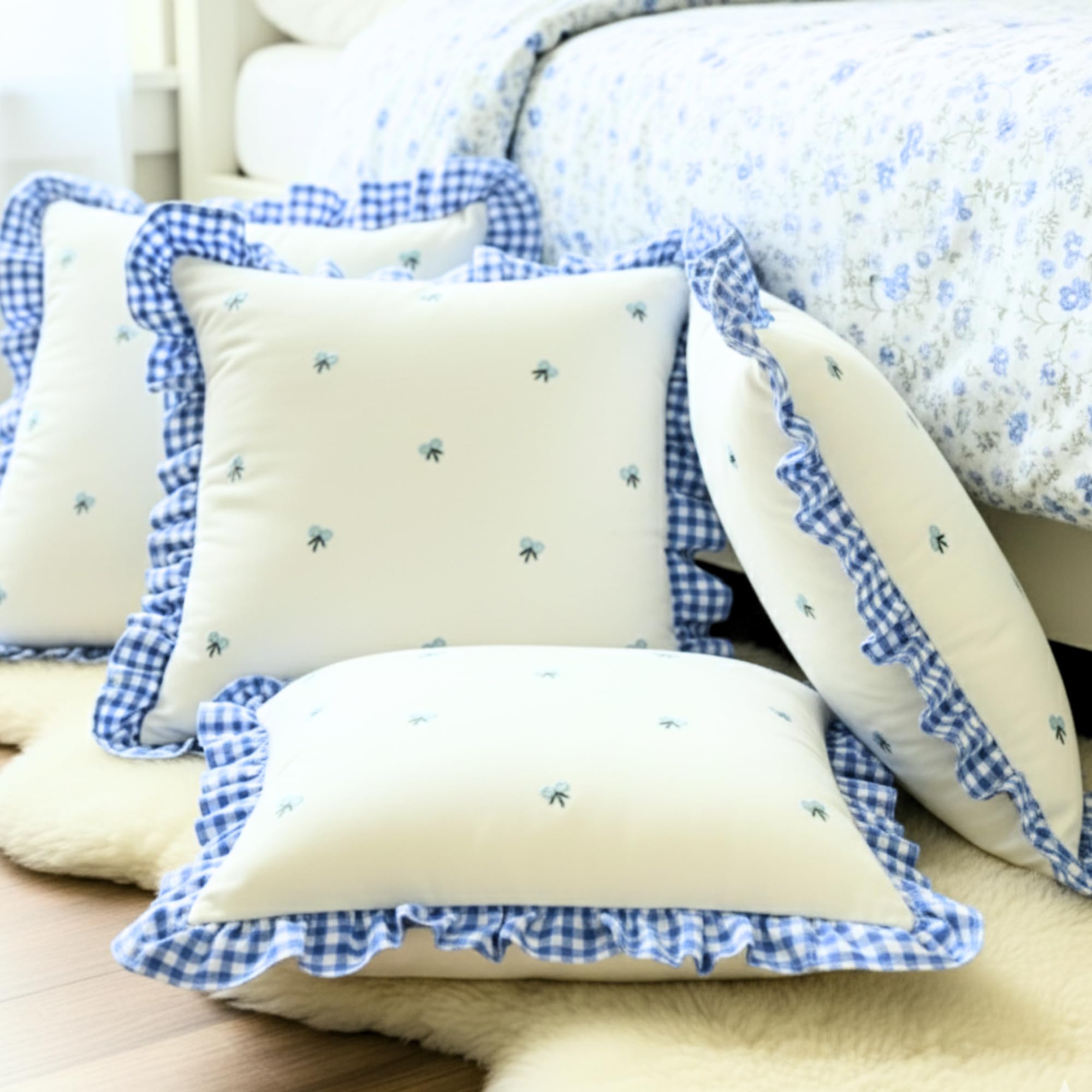 Sleepy Threads Square Cotton Cushion Cover Red & White Floral Embroidered | Set Of 4 | With Ruffle Frill Edging Throw For Sofa, 