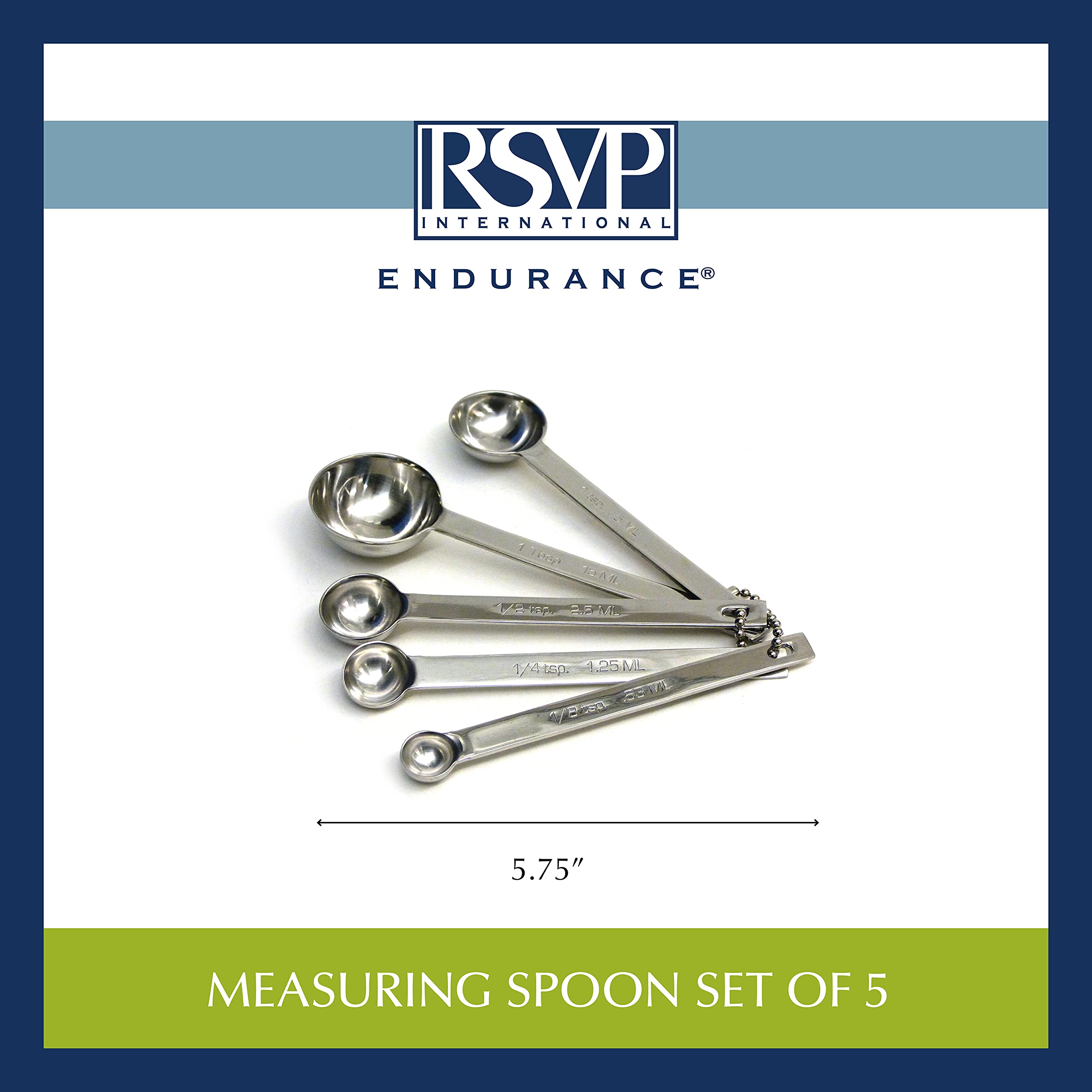 RSVP International Measuring Spoons Set, Round, 5 Piece, Stainless Steel, Model 8010