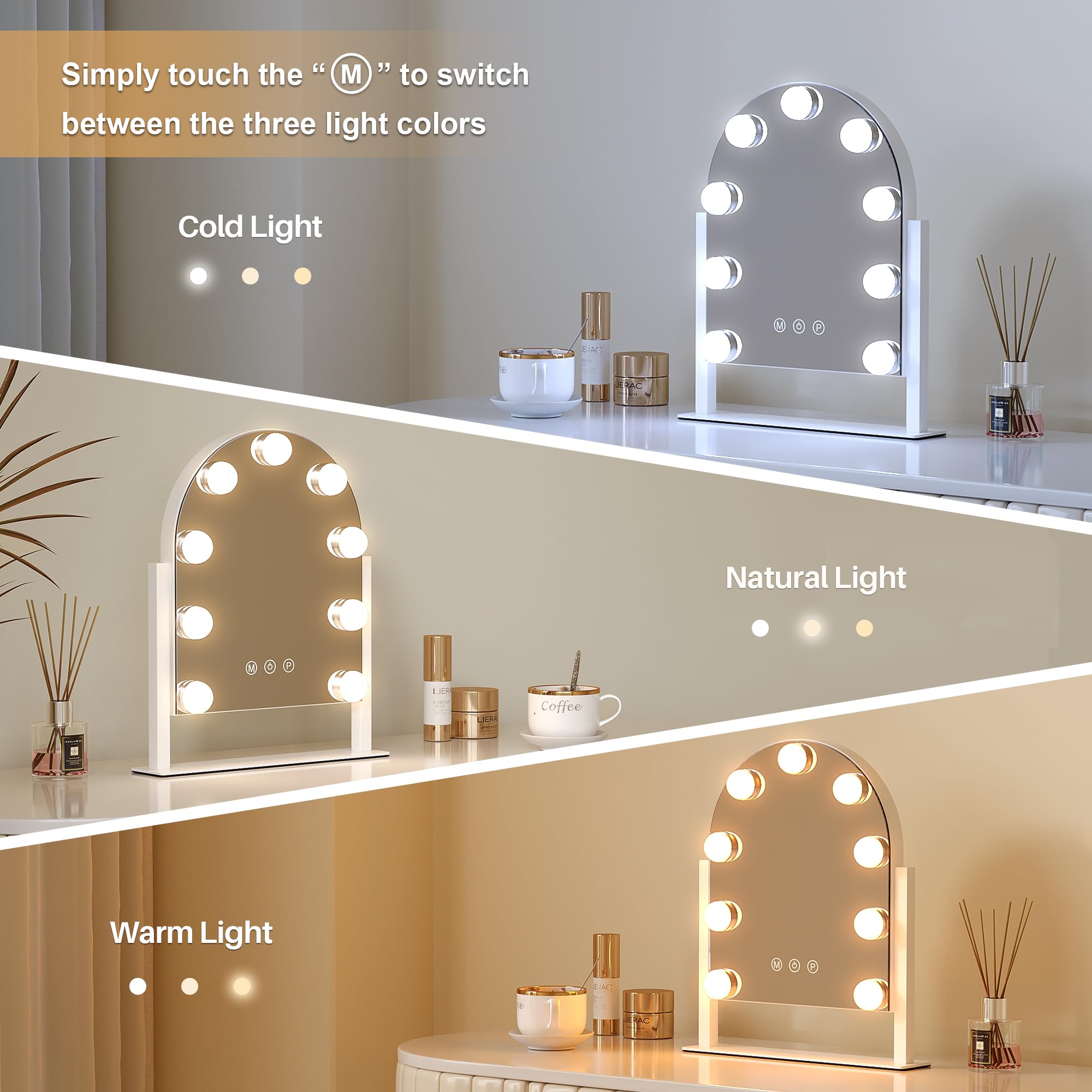 Svioby Vanity Mirror With Lights, 14''X12'' Arched Hollywood Makeup Mirror With 3 Color Modes And 9 Dimmable Bulbs, Desk Vanity