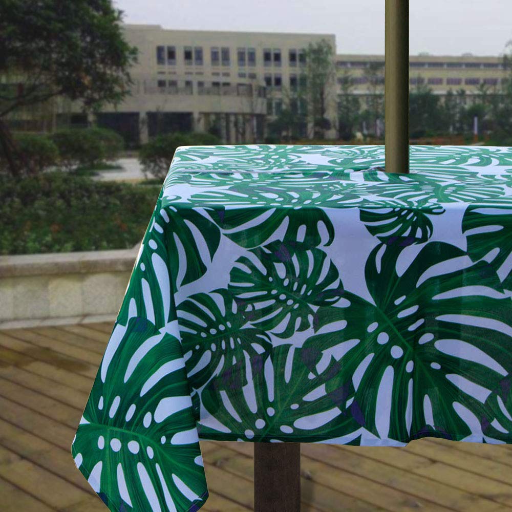 Melaluxe Spring/Summer Wrinkle-Free Waterproof Outdoor Tablecloth with Umbrella Hole and Zipper, Green Leaves, 60-Inch-by-84 Rec