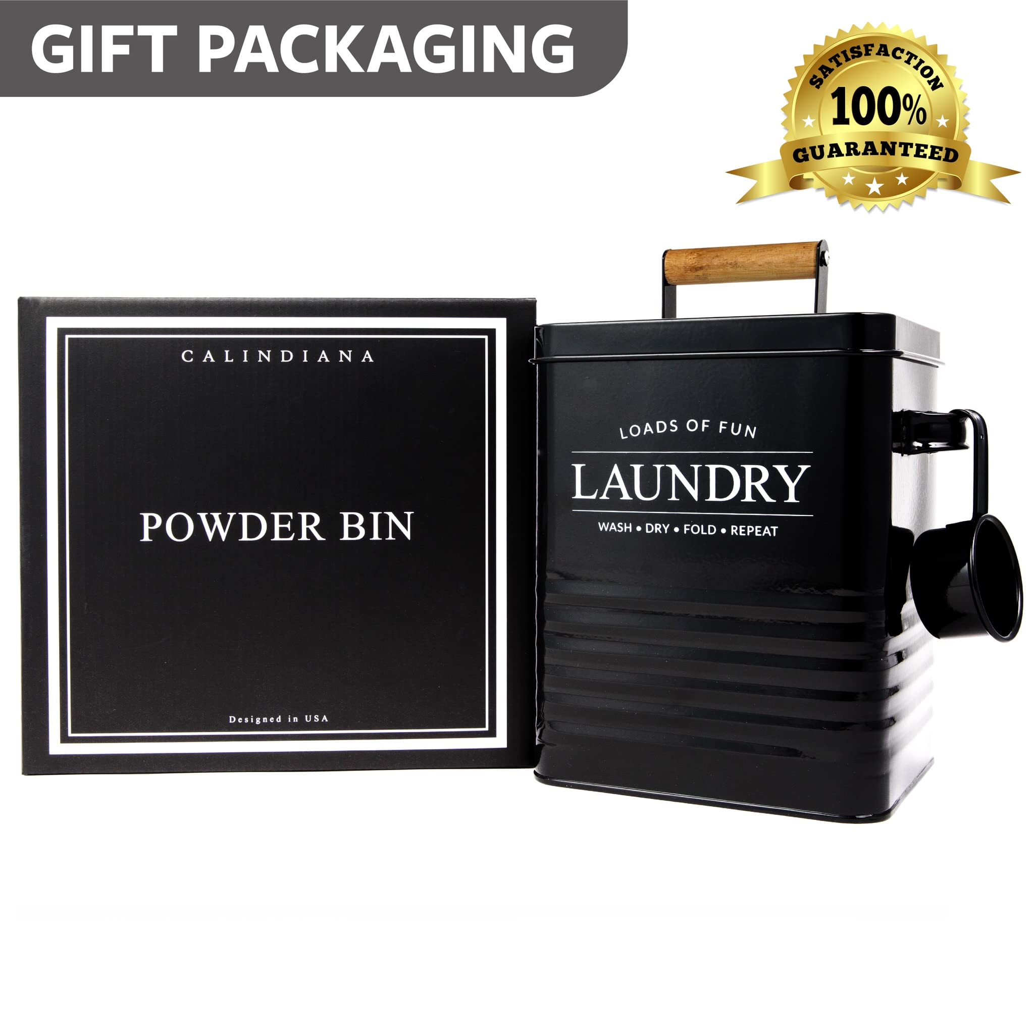 Calindiana Modern Farmhouse Metal Laundry Soap Dispenser Container Holder with Scoop for Laundry Room Decor and Space Saving Laundry Room Organization and Storage  Laundry Powder Container  Black