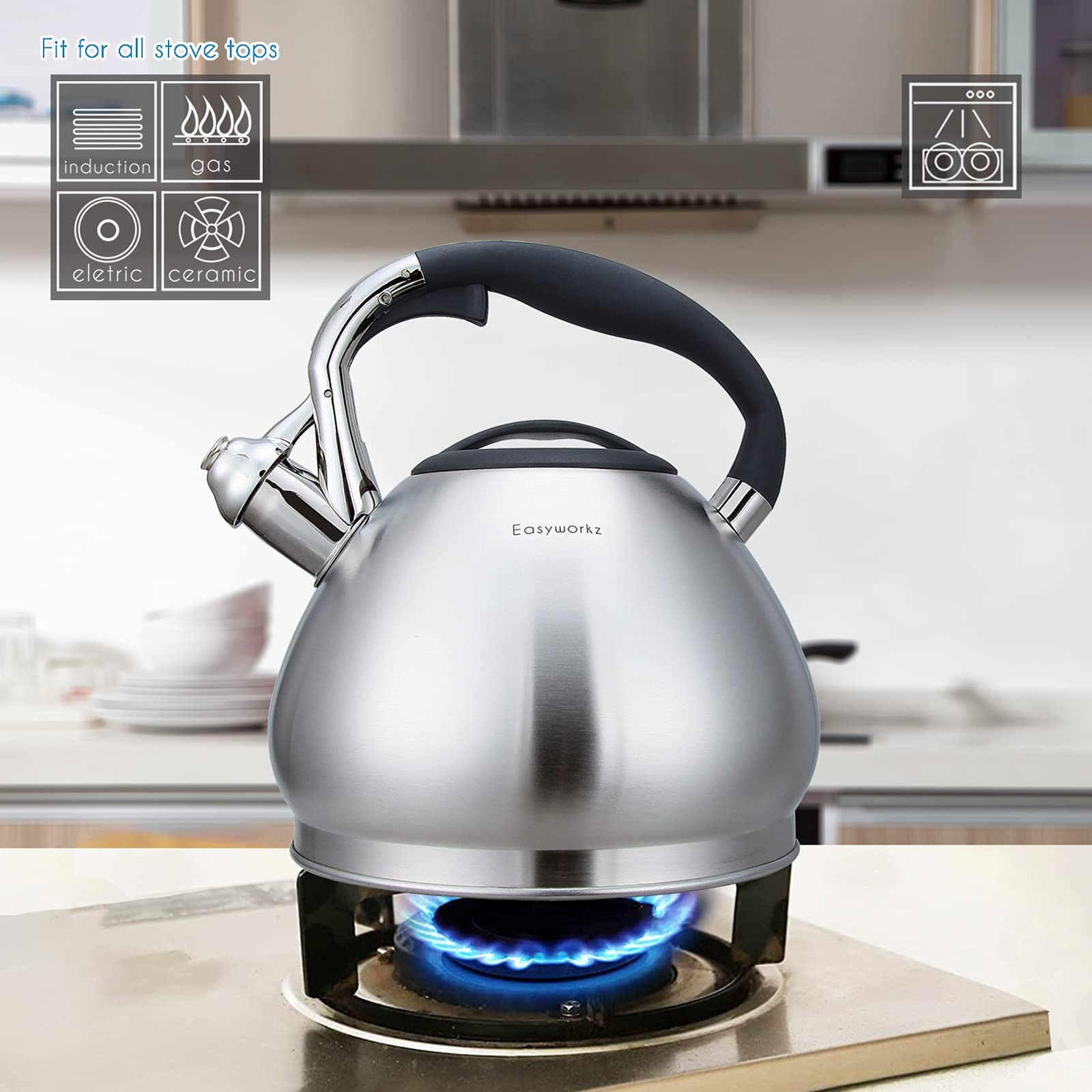 Easyworkz Whistling Stovetop Tea Kettle Food Grade Stainless Steel Hot Water Tea Pot With Loud Whistle  2.4 Quart(2.3l)