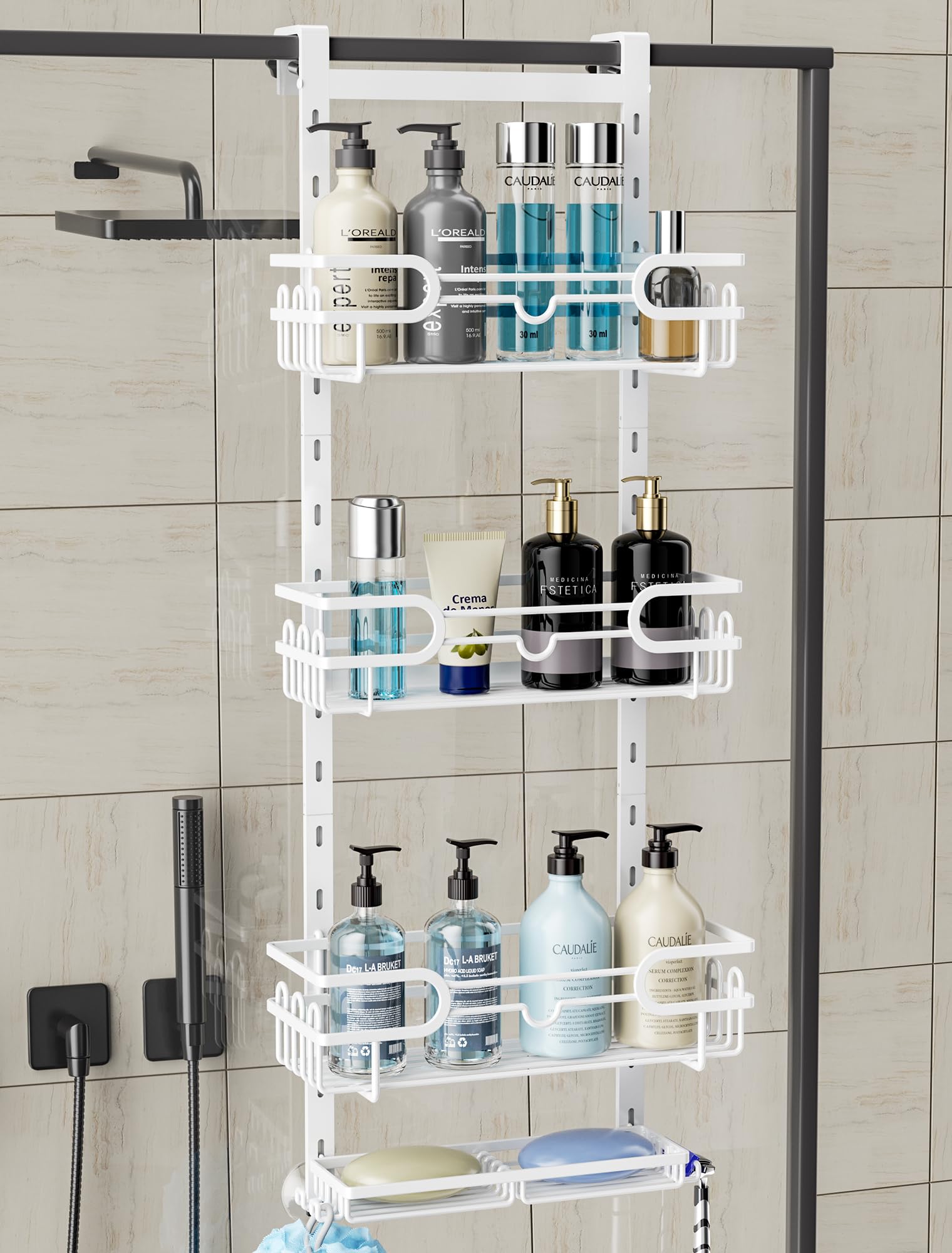 Consumest Over The Door Shower Caddy - 4 Tier Adjustable Hanging Shower Caddy Shower Shelf With 2 Soap Holders & 22 Hooks, Rustp