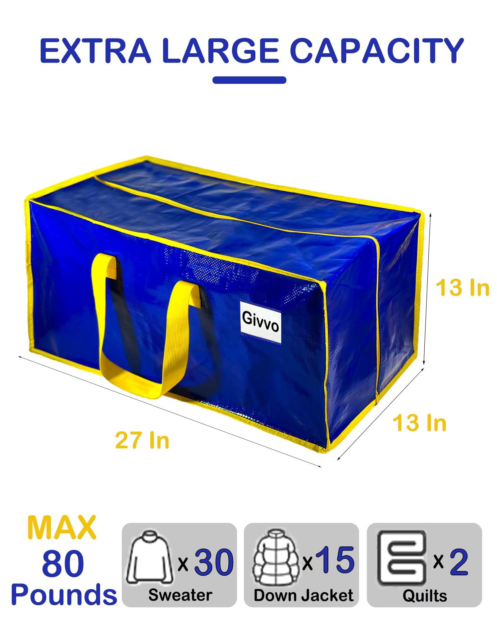 Givvo 8P Extra Large Moving Bags, Heavy Duty Moving Bags For Clothes, Waterproof Storage Bags For College Dorm, Moving Totes Alt