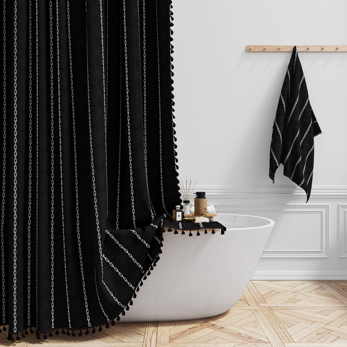 Bttn 78 Inch Long Shower Curtain - Boho Farmhouse Striped Linen Fabric Shower Curtain Set With Tassel, Tall Rustic Country Luxur