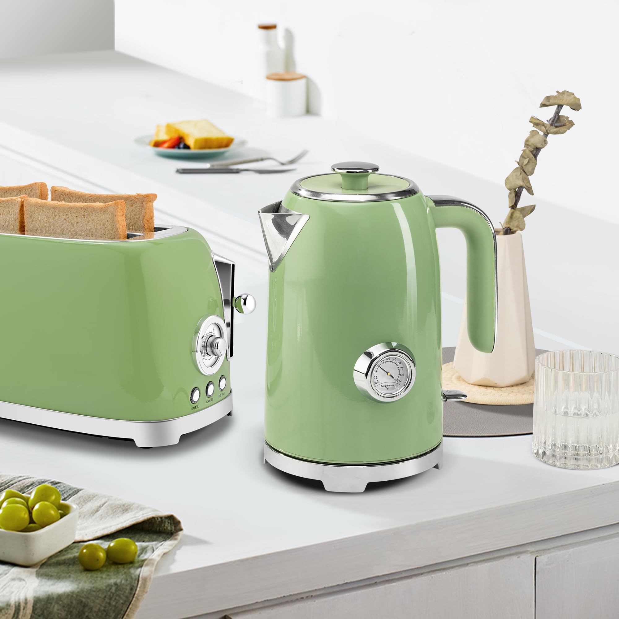 SUSTEAS Electric Kettle - 57oz Stainless Steel Water Boiler with Thermometer, Retro Green, 1500W Fast Heating, Auto Shut-Off