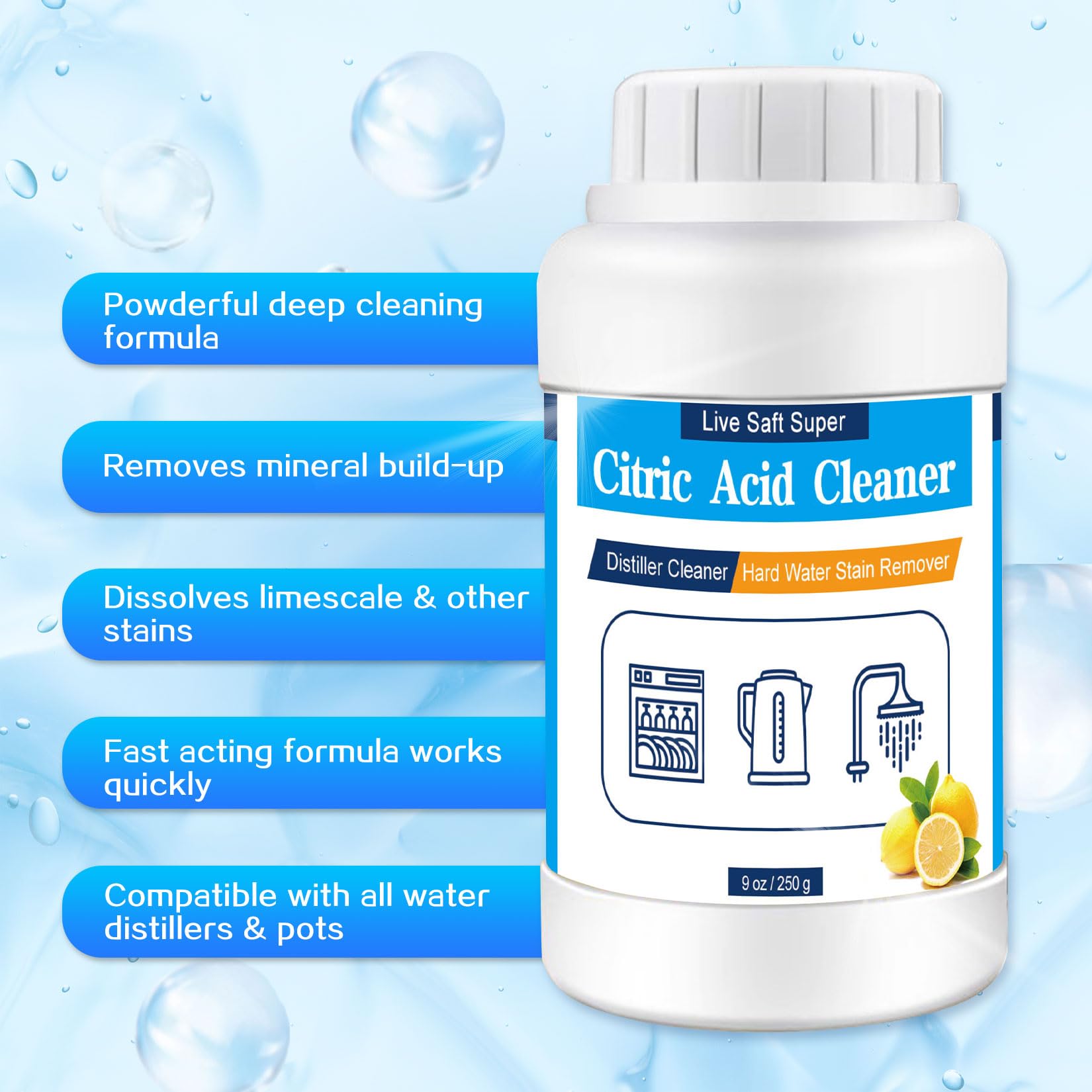 Live Saft Super Distiller Descaler Citric Acid Cleaner - 1 Lb Bulk Citric Acid Powder For Cleaning Water Distillers, Hard Water