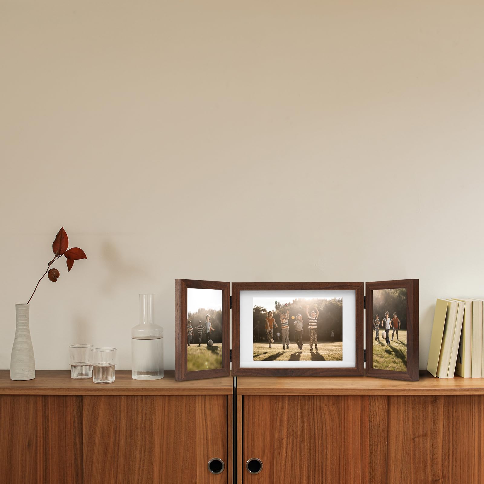 DECOCIAGA Hinged 3 Picture Frame 4x6 & 5x7 Folding Collage Photo Frames Multiple Wooden Desk Picture Frames with Mat for Office