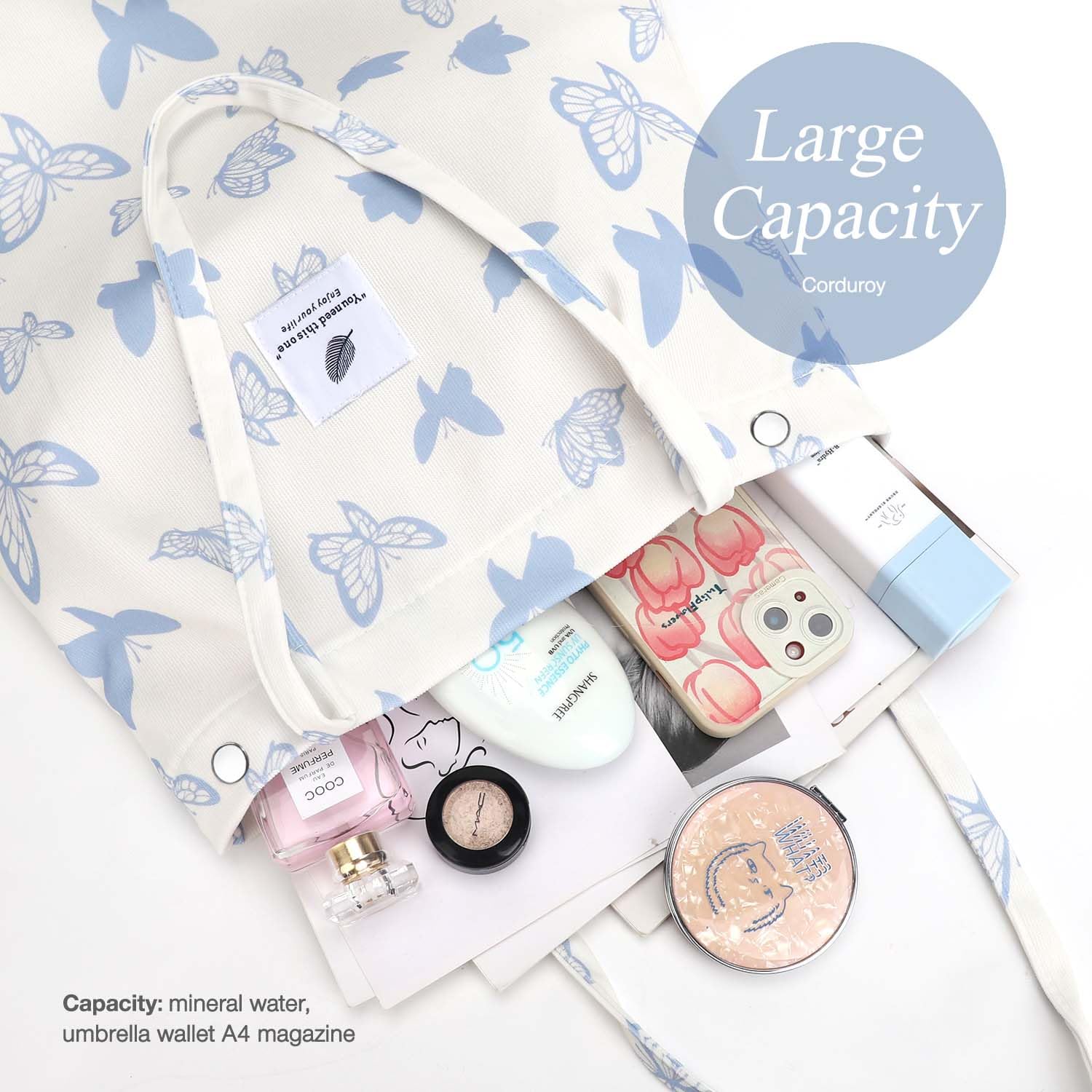 Lhmtqvk Corduroy Tote Bags For Women, Large Capacity Corduroy Bag Reusable Grocery Shoulder Bag With Inner Pockets(Blue Butterfl