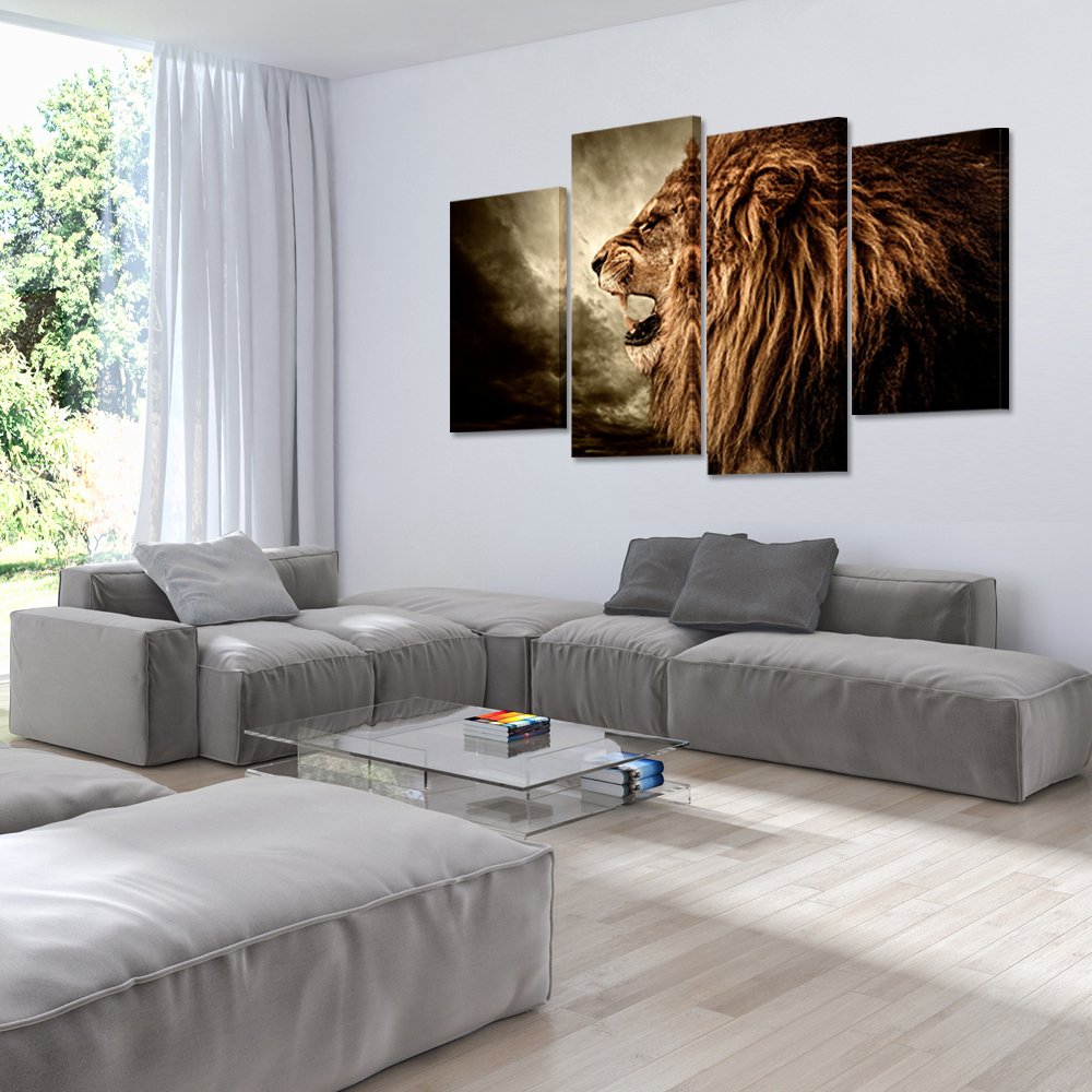 Kreative Arts - 4 Panel Wall Art Lion Painting Print On Canvas Animal Pictures For Home Decor Decoration Gift Piece Stretched By Wooden Frame Ready To Hang