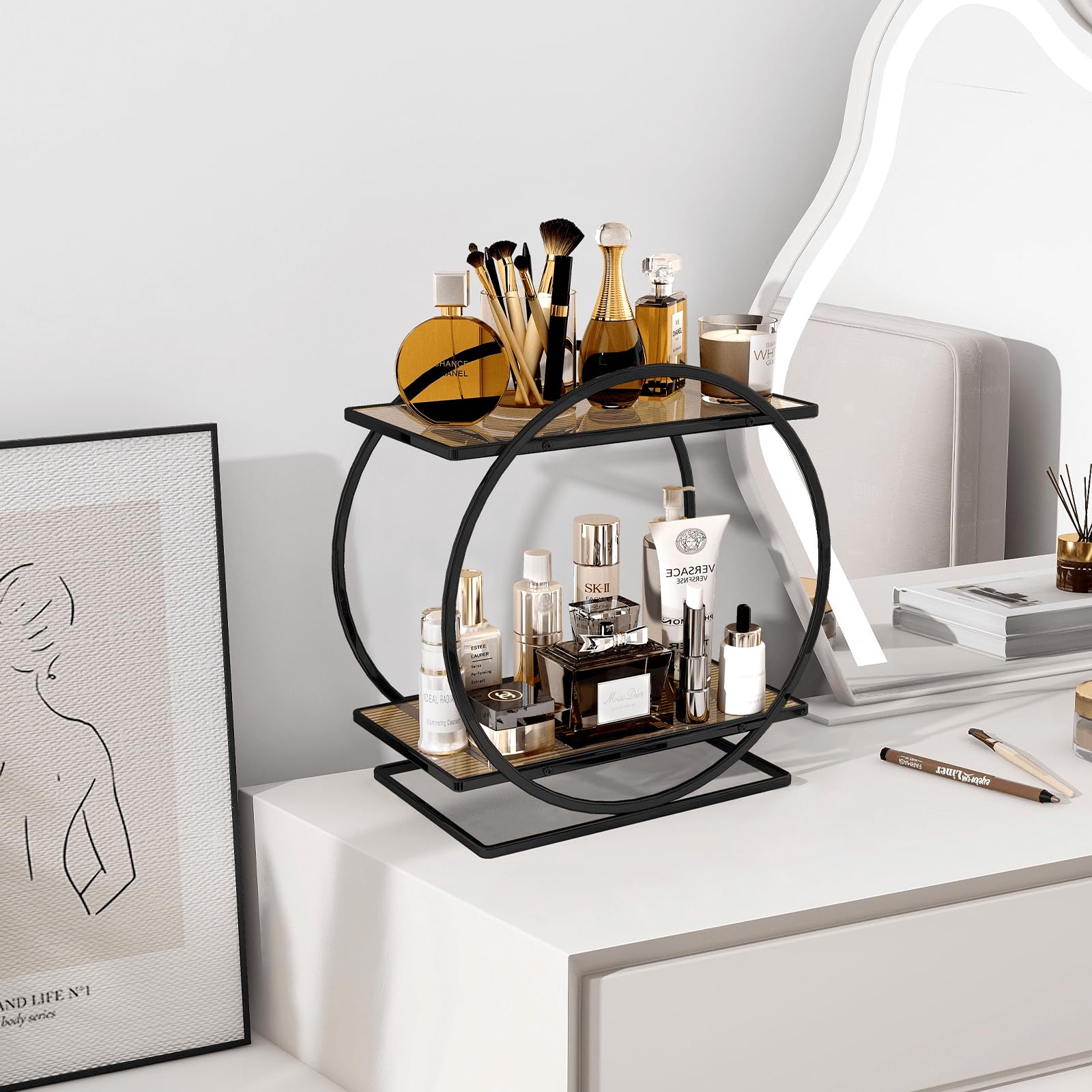 Yiwanfw Perfume Organizer For Dresser, Black Bathroom Organizer Counter 2 Tier Makeup Organizer For Bathroom Vanity Storage Skin
