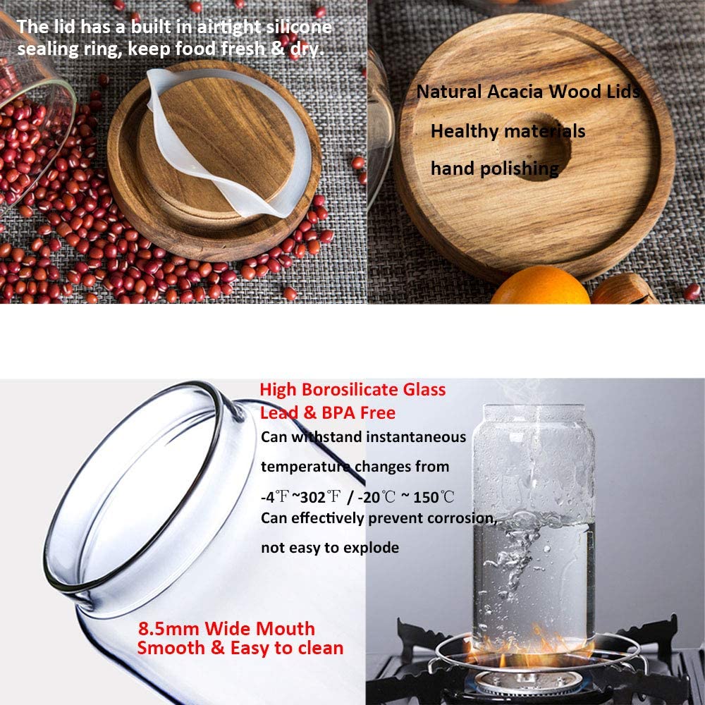 Keledz Glass Storage Jar With Wood Lids, Airtight Sealed Clear Borosilicate Glass Canister Kitchen Food Storage Containers For C