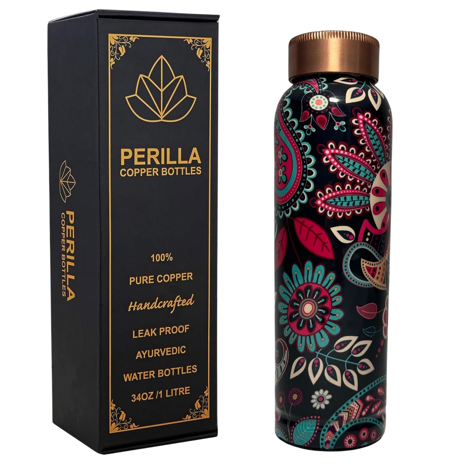 Perilla Home Printed Pure Copper Water Bottle 34 Oz Leak Proof 100% Pure Ayurvedic Copper Vessel with Lid - Drink More Water and