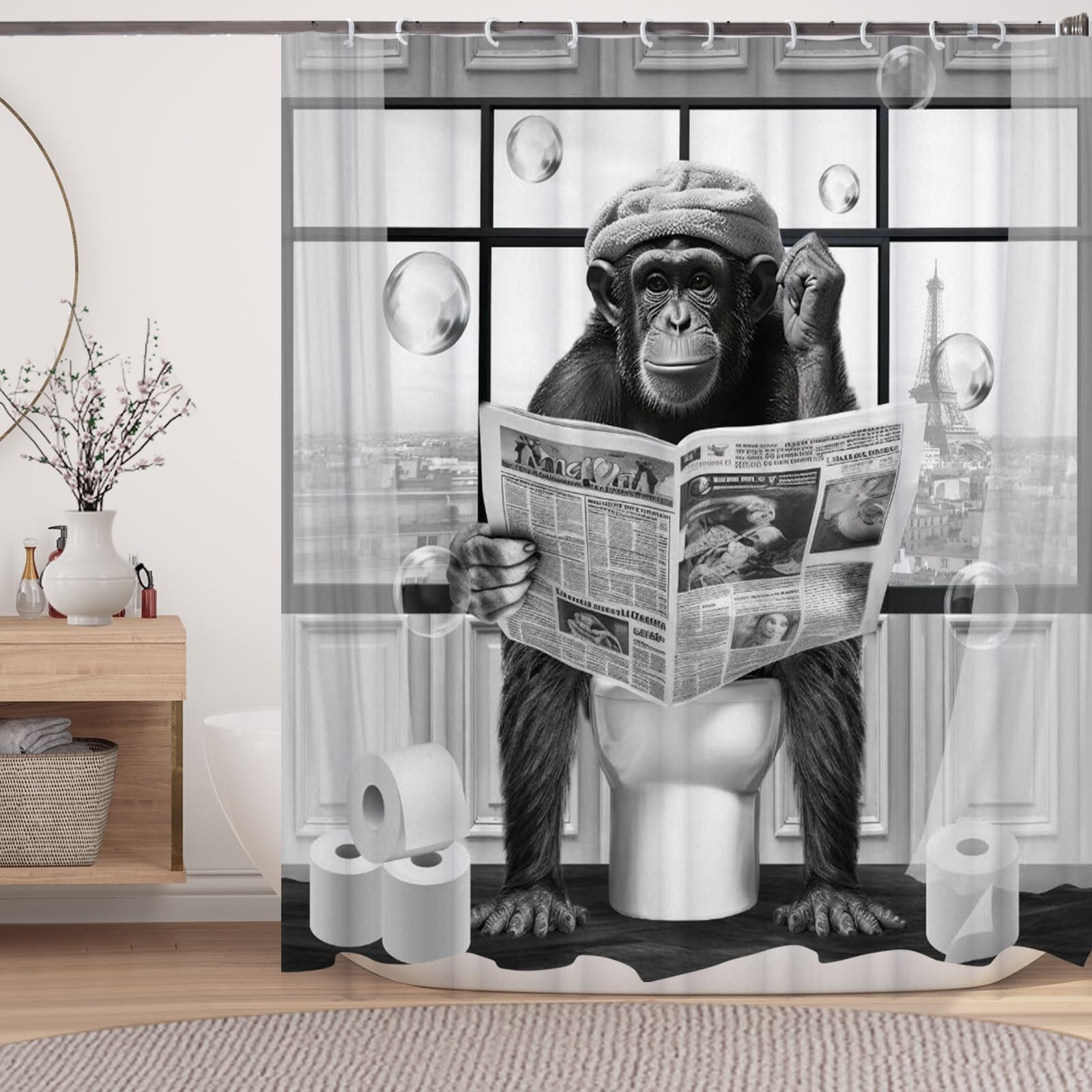 Lkfbsc Funny Monkey Shower Curtain, Black And White Fun Chimpanzee Animal On Toilet Bathroom Curtains, 72X72 Humorous Shower Cur