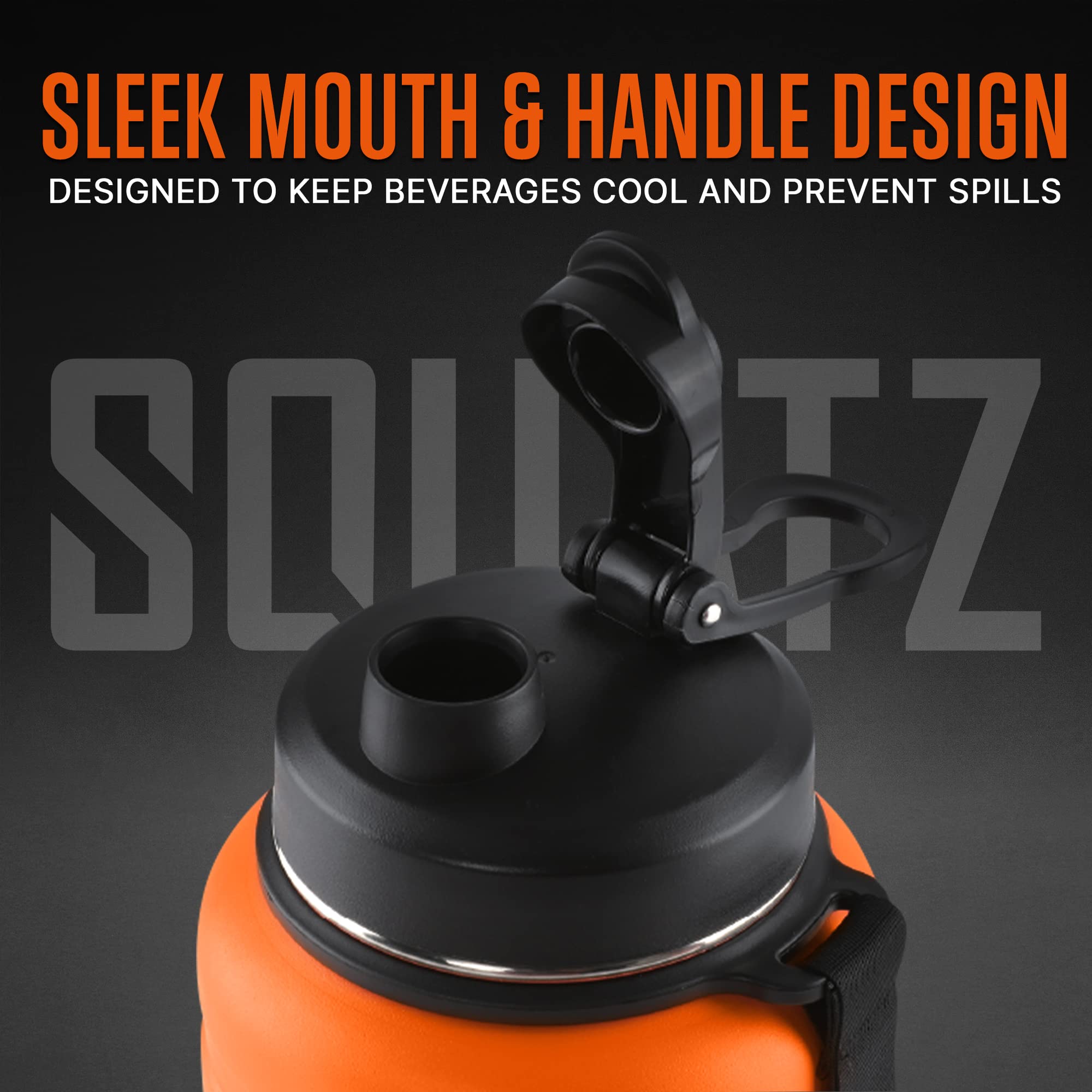Squatz 74 Oz Neptune Series Steel Water Bottle, Stainless Double Wall Vacuum Insulated Jug With Handle Strap, Large Capacity Lea
