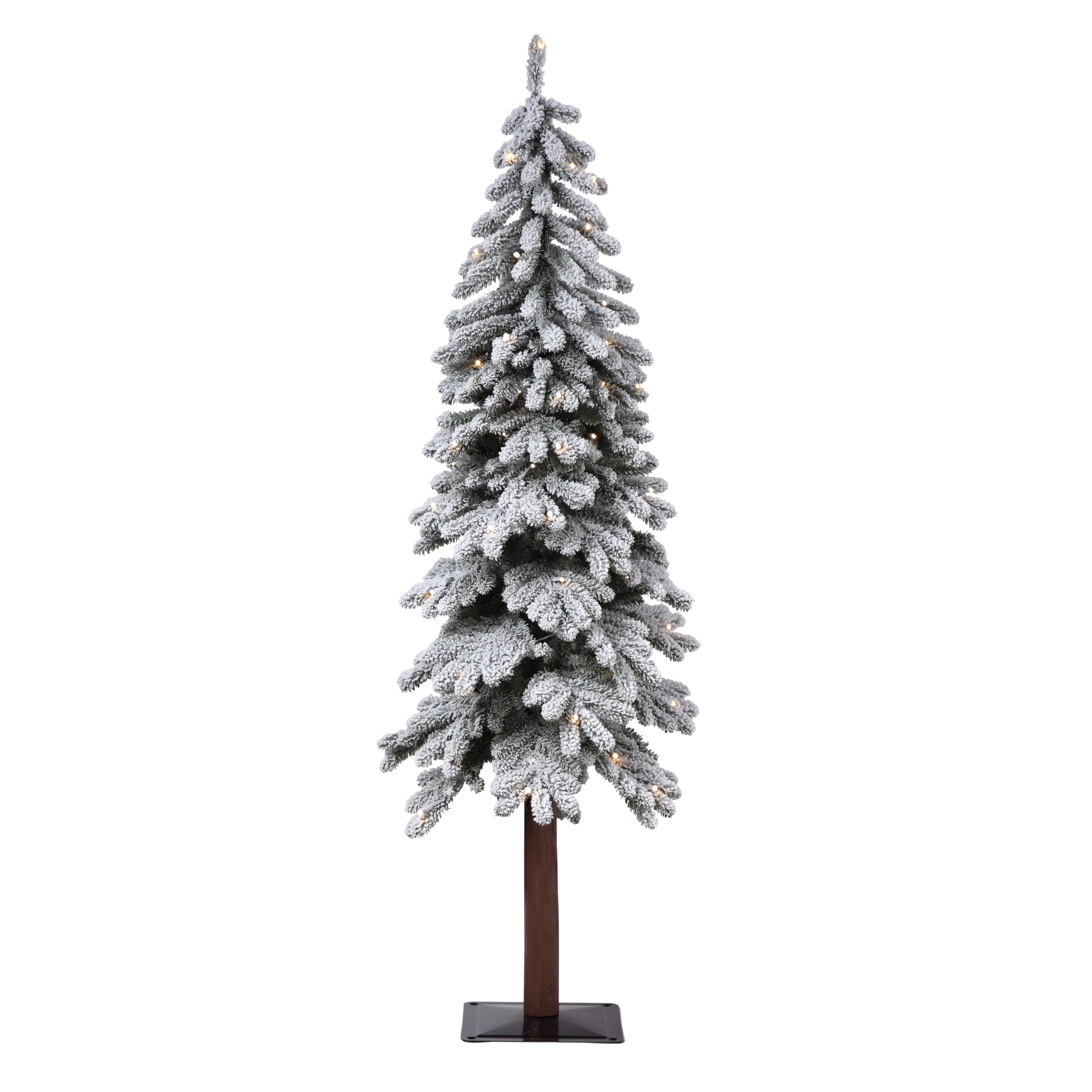 Haute Decor Lightly Flocked Artificial Alpine Tree with Real Wood Pole and Soft White Battery-Operated LED Lights with Timer (5-