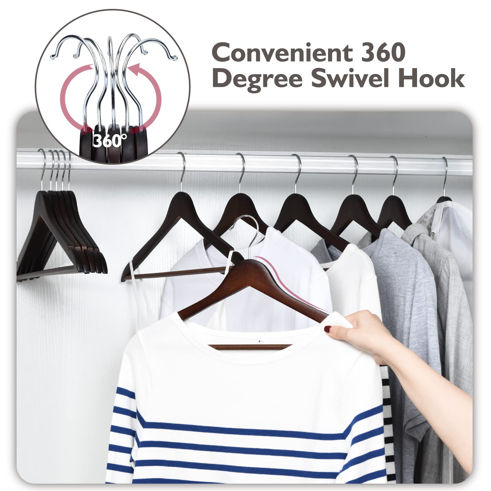 Edergoo Wooden Hangers 20 Pack, Durable And Slim Hangers Wood With Non Slip Pants Bar, Smooth Finish Wooden Suit Hangers, Walnut