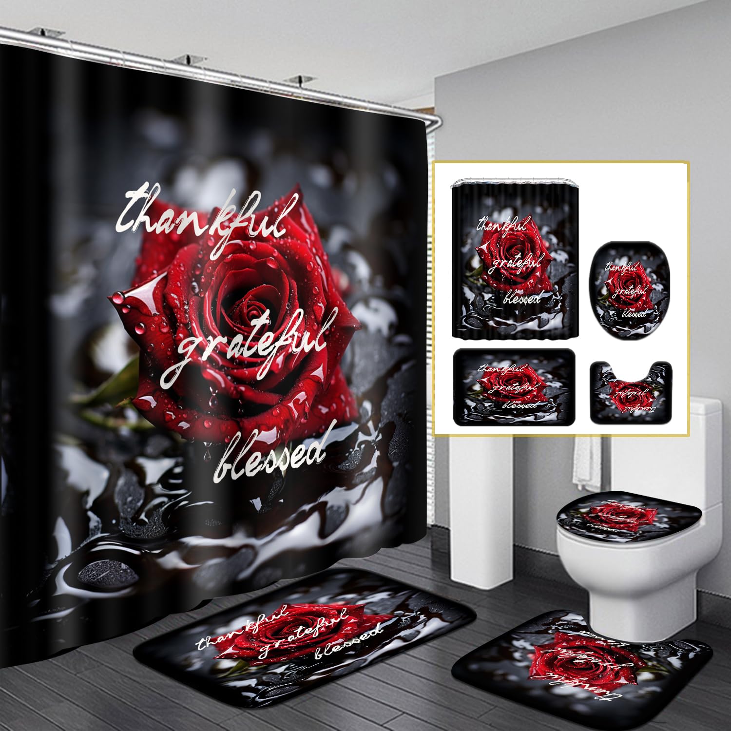 Omebero 4Pcs Romantic Red Rose Bathroom Shower Curtain Sets, Waterproof Fabric Black Bathroom Sets With Shower Curtain And Rugs