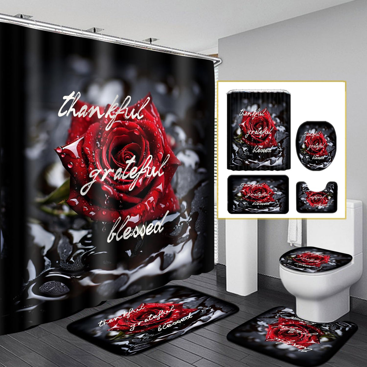 Omebero 4Pcs Romantic Red Rose Bathroom Shower Curtain Sets, Waterproof Fabric Black Bathroom Sets With Shower Curtain And Rugs
