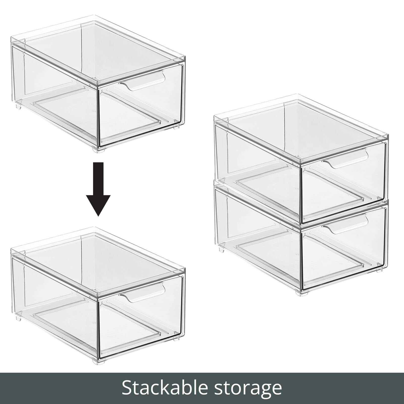 mDesign Stackable Storage Containers Box with Pull-Out Drawer - Stacking Plastic Drawers Bins for Kitchen Pantry and Cupboard  Cabinet  Counter  Island and Tables - Lumiere Collection - 4 Pack - Clear