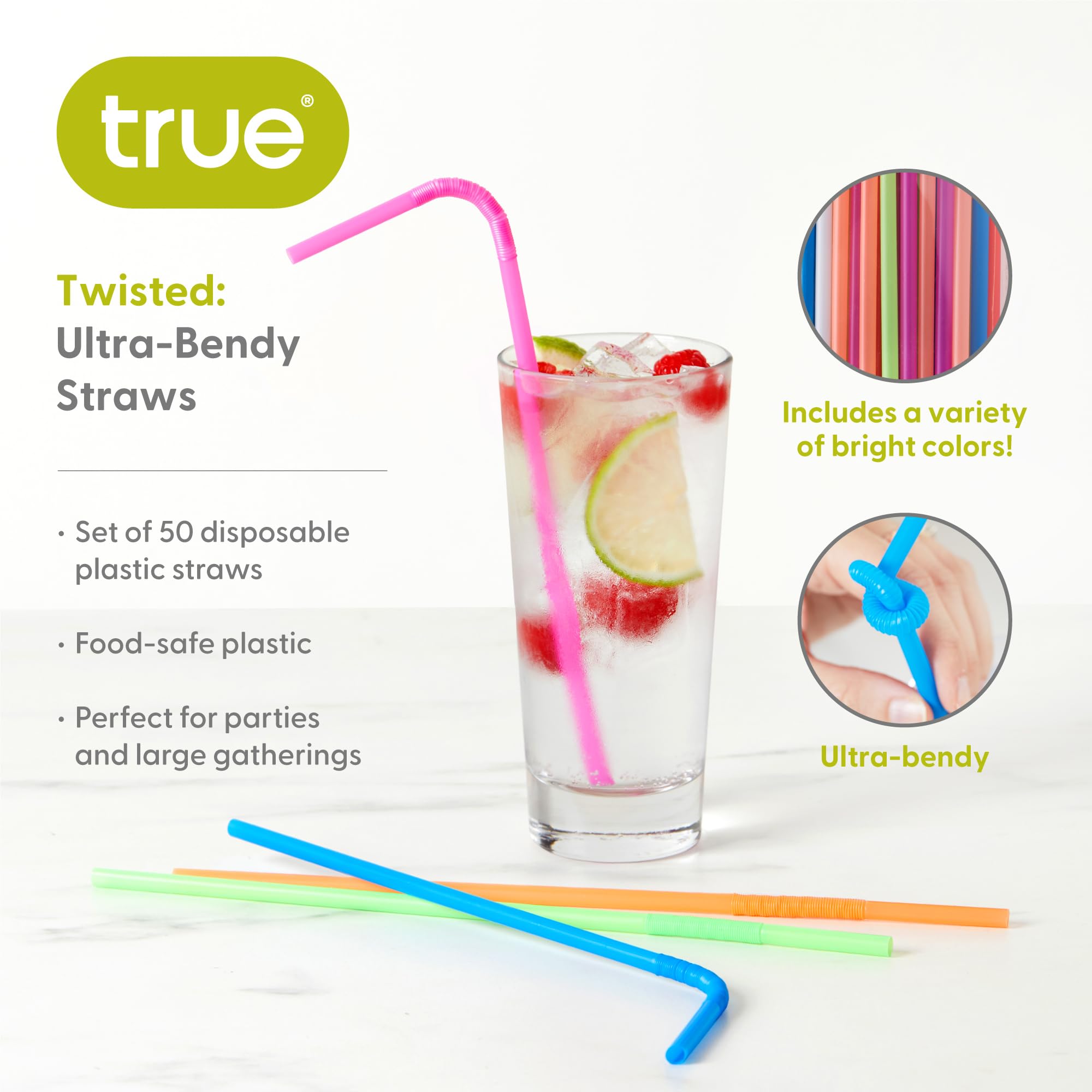 True Ultra Bendy Disposable Flexible Long Straws For Cocktails Smoothies Iced Coffee, Home Bar, Party Supplies, Set Of 50, Multi