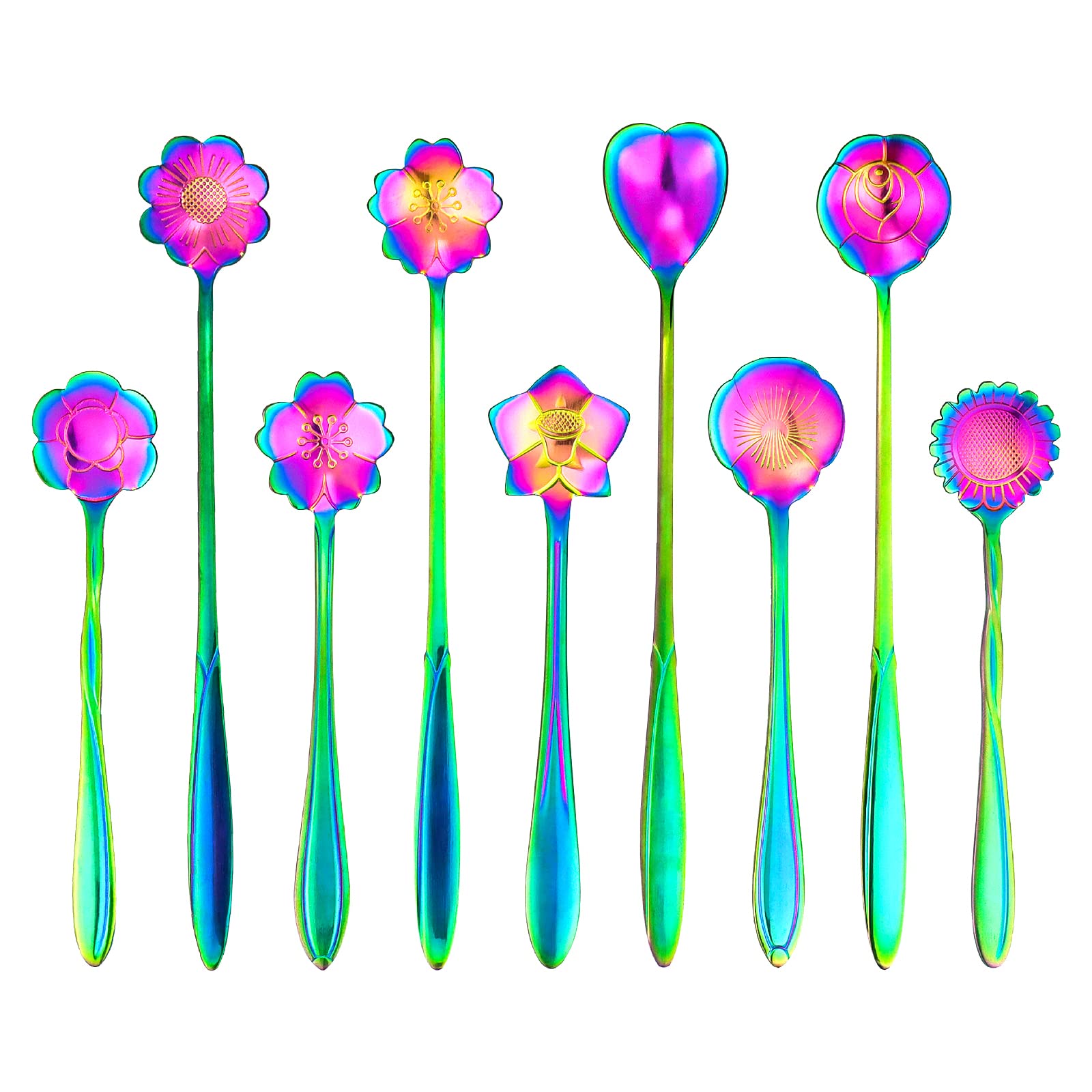 9 Pcs Rainbow Flower Spoon Set, Leefone 2 Different Size Stainless Steel Reusable Teaspoons Coffee Sugar Stirring Spoon Dessert