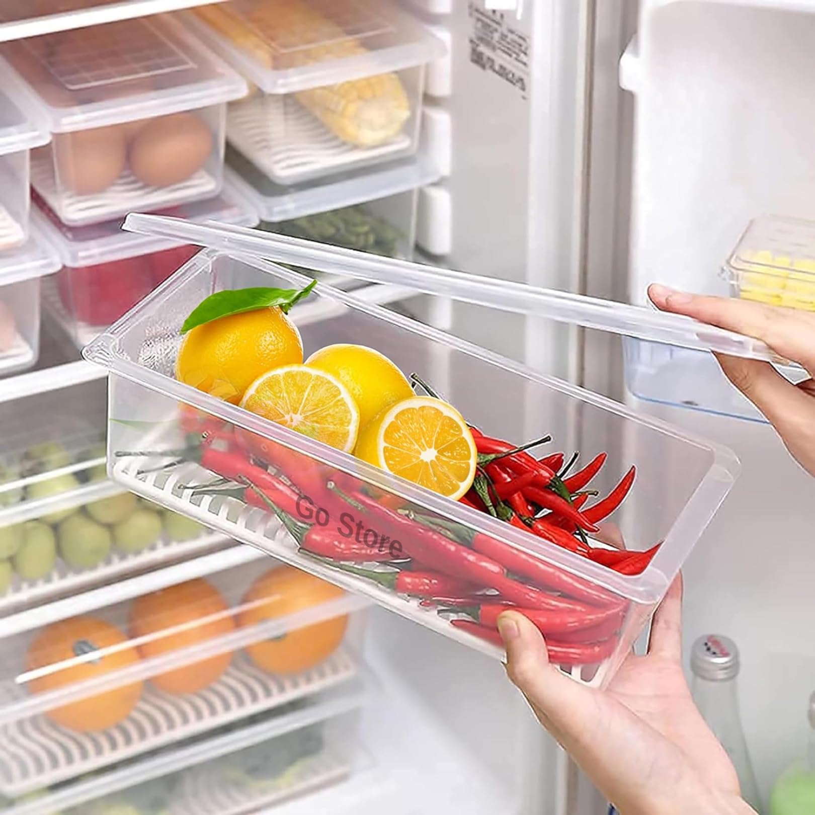 Go Store 2 Food Storage Container With Removable Drain Plate And Lid Fridge Storage Box Stackable Plastic Freezer Storage Contai