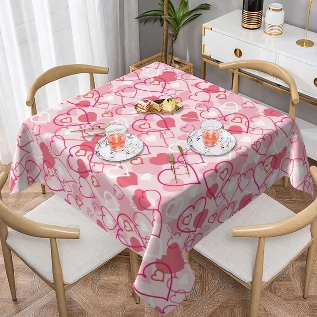 BETGINY Valentines Day Tablecloth, 54 Inch Square, Pink Love Hearts, Rustic, Wrinkle Resistant, Dust-Proof, Perfect for Home Din