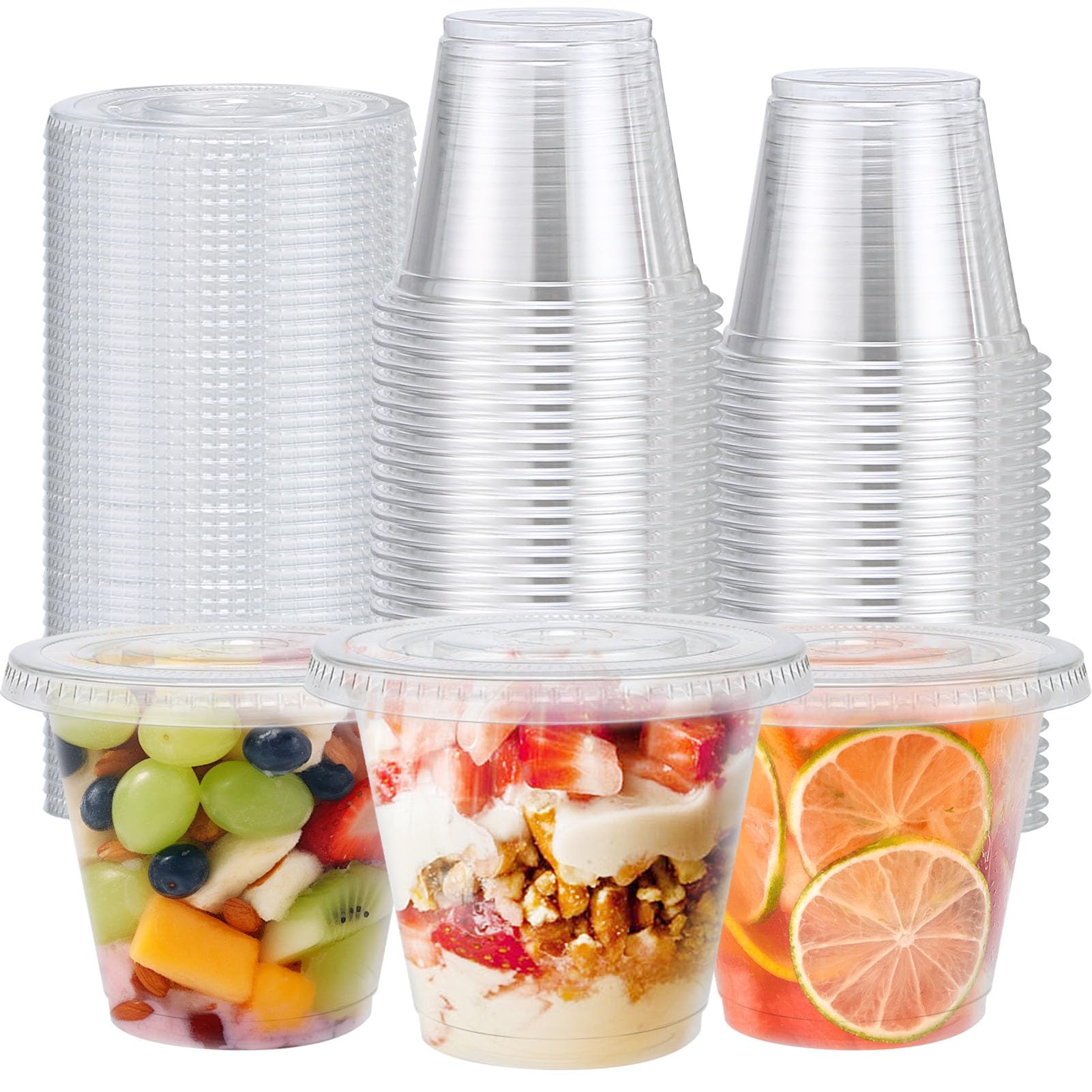 Clawsoff 50 Pack 9 oz Plastic Cups with Flat Lids Disposable Dessert Cup