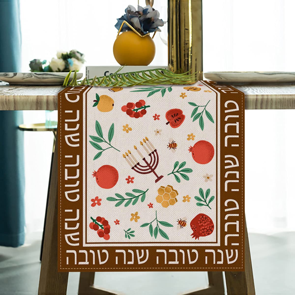 Vohado Rosh Hashanah High Holy Day Table Runner Shana Tova Linen Kitchen Dining Home Farmhouse Holiday Party Decorations