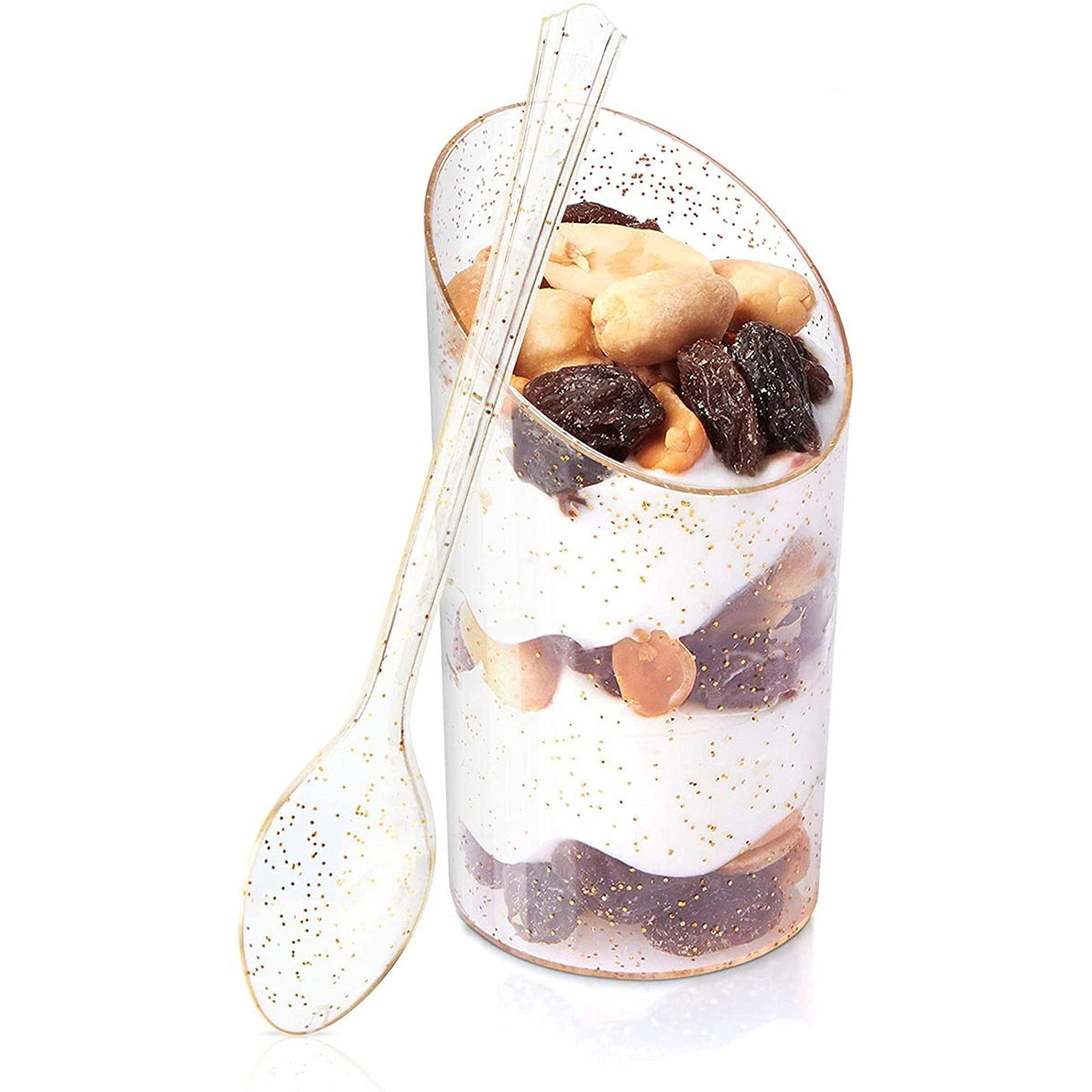 Sparkle And Bash 120 Pieces Of Gold Glitter Mini Dessert Cups With Spoons, Plastic Disposable Dessert Cups 3Oz For Parfait, Shoo