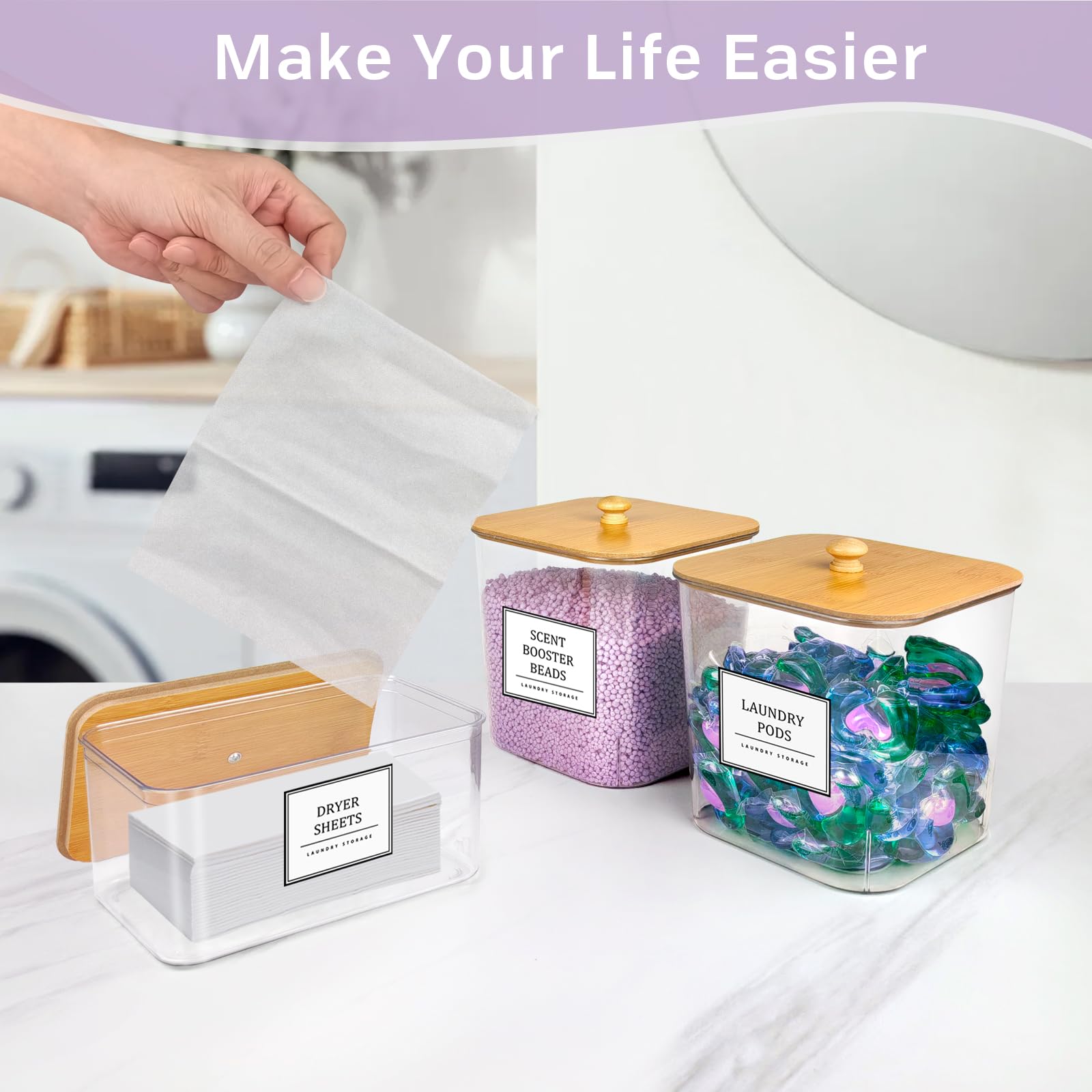 2+1 Pack Laundry Pods Container,Clear Laundry Detergent Powder Storage Containers,Laundry Room Organization Containers With Wood