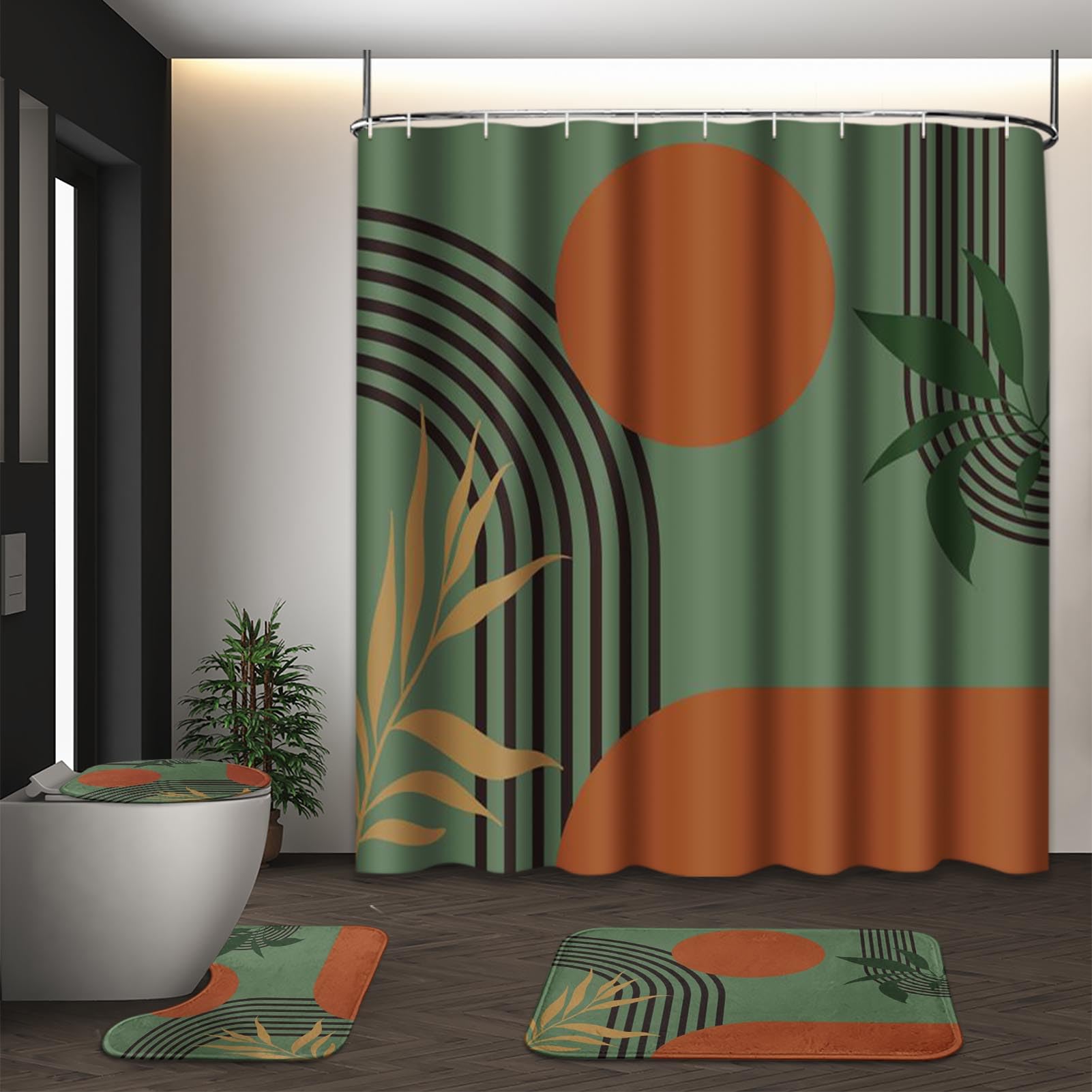 Tayney Boho Mid Century Shower Curtain Set With Toilet Lid Cover And Non-Slip Rugs, Green Background 4 Pcs Modern Minimalist Sho