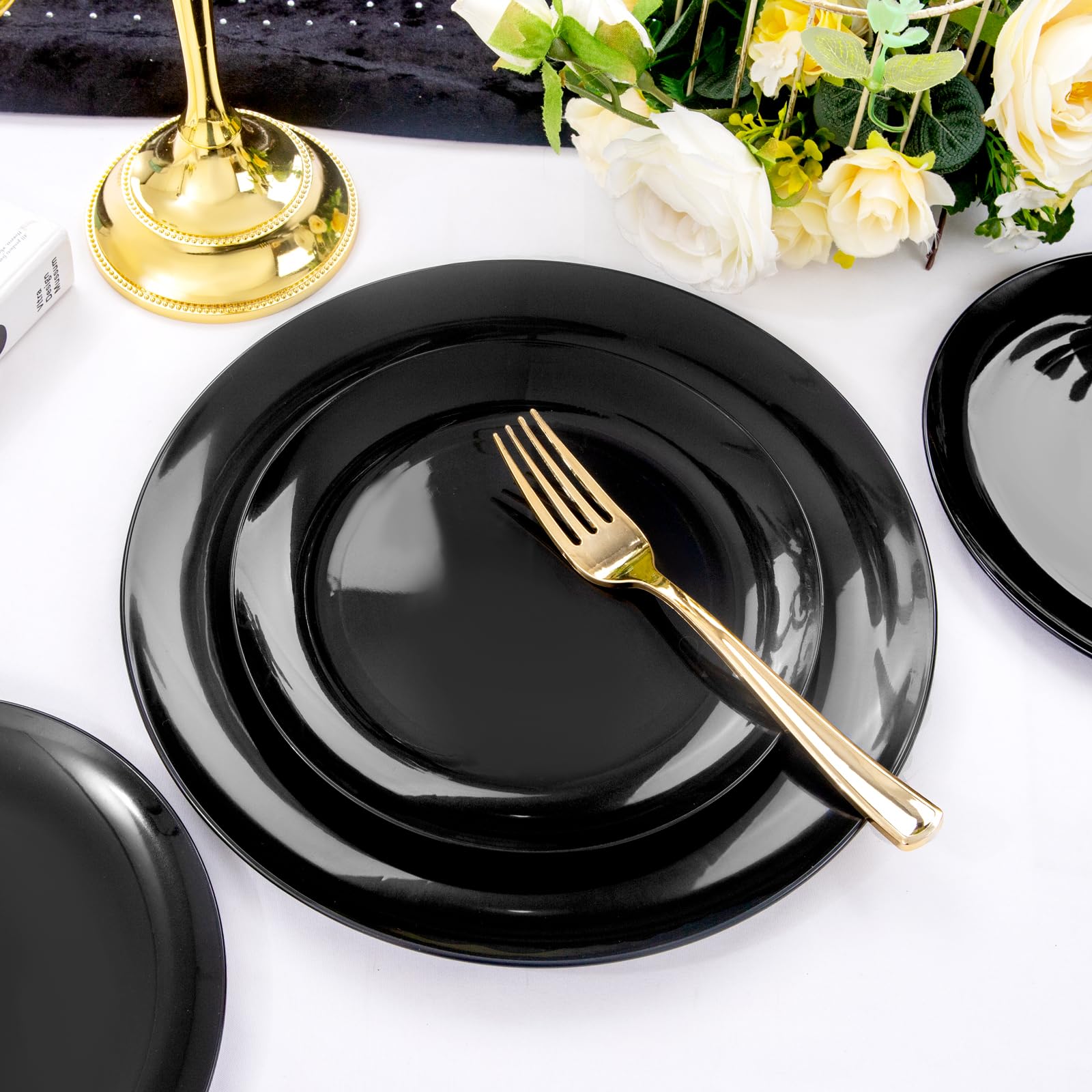 Pulote 100Pcs Black Plates Disposable - Premium Heavy Duty Black Plastic Plates - Include 50 Black Dinner Plates 10.25 Inch, 50