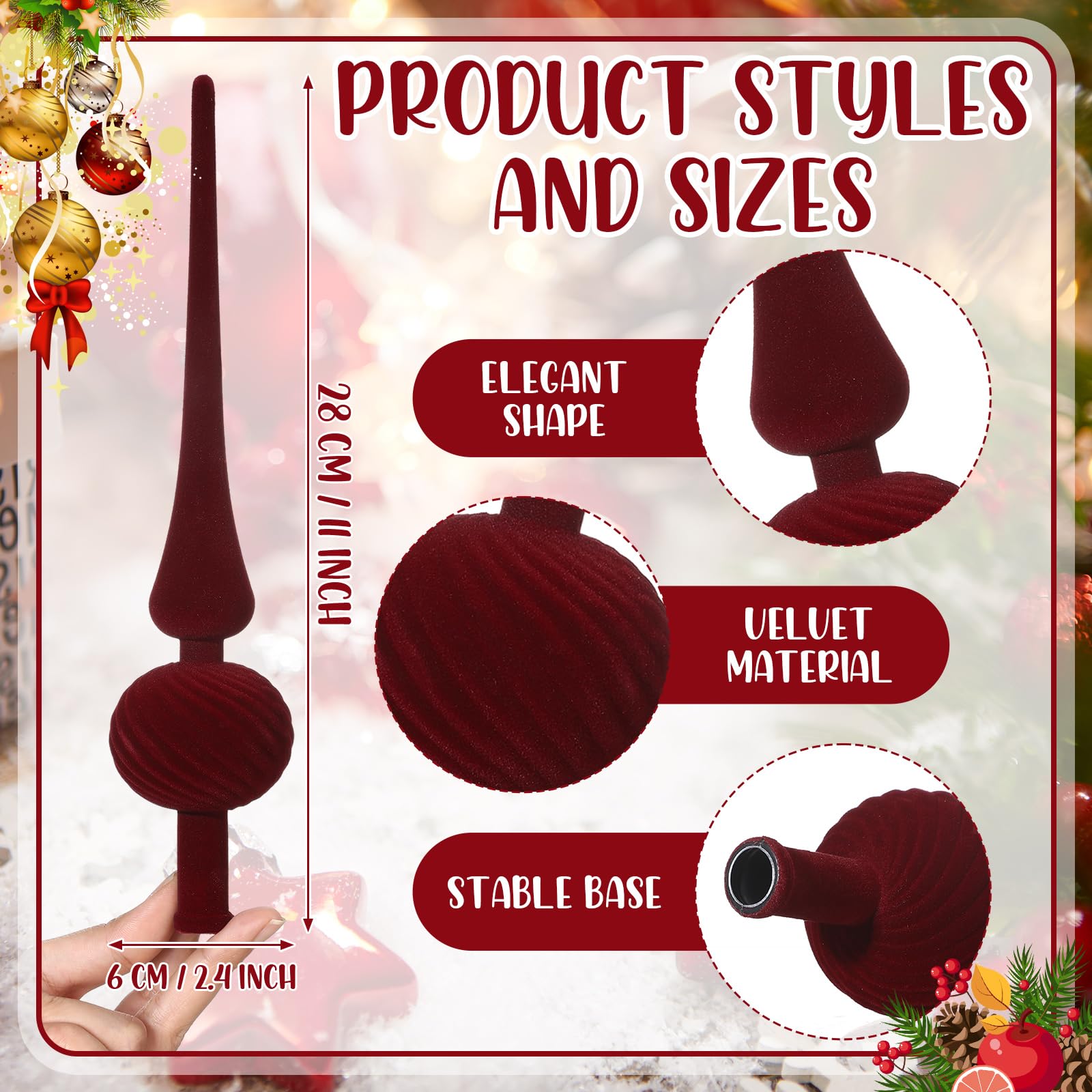 Sumind 11 Inch Burgundy Velvet Finial Christmas Tree Topper Vintage Spherical Tree Topper Velvet Finial Mid Century Christmas Or
