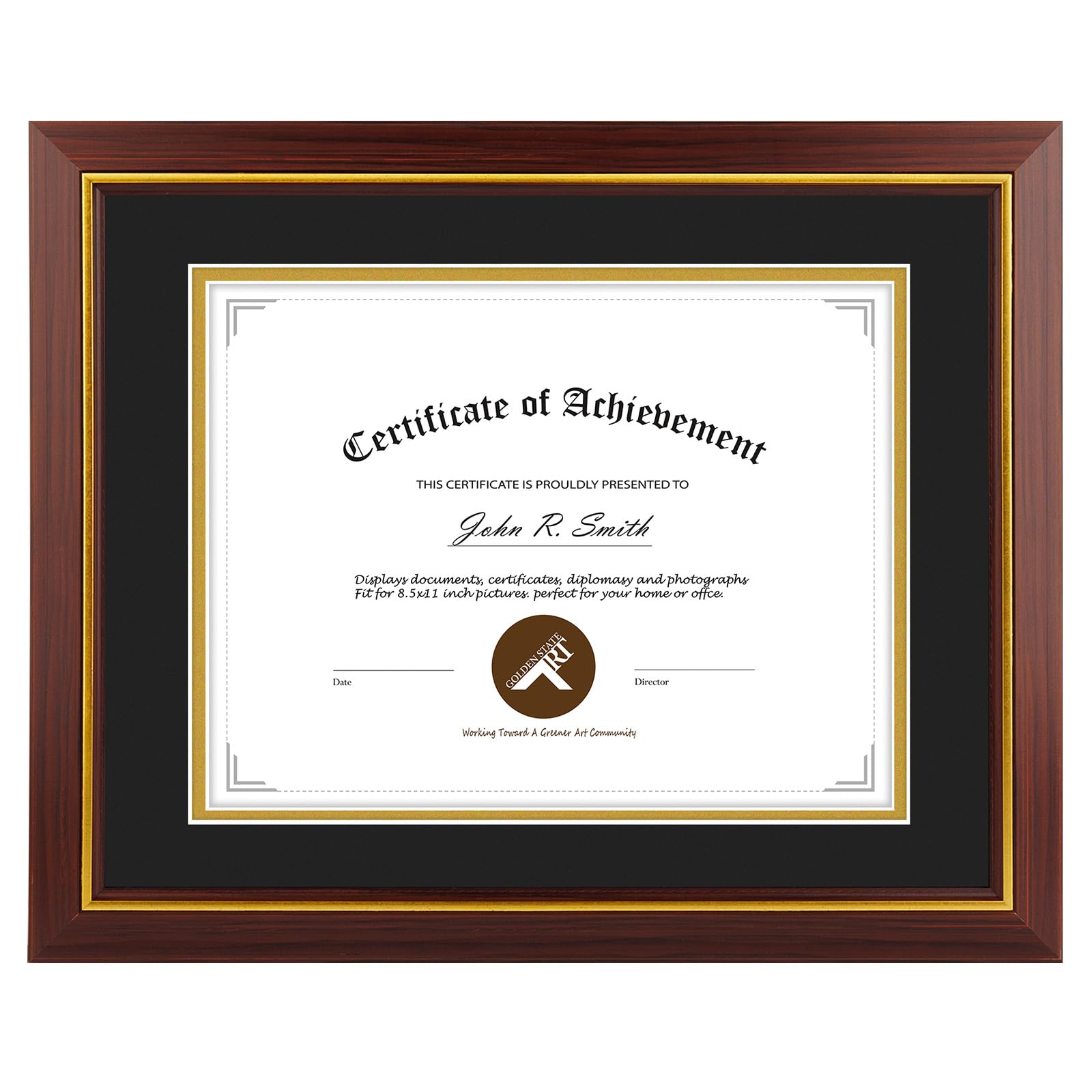11x14 Diploma Frame Brown with Gold Trim - Display 8.5x11 Diploma with Black Over Gold Double Mat Or 11x14 Certificate without M