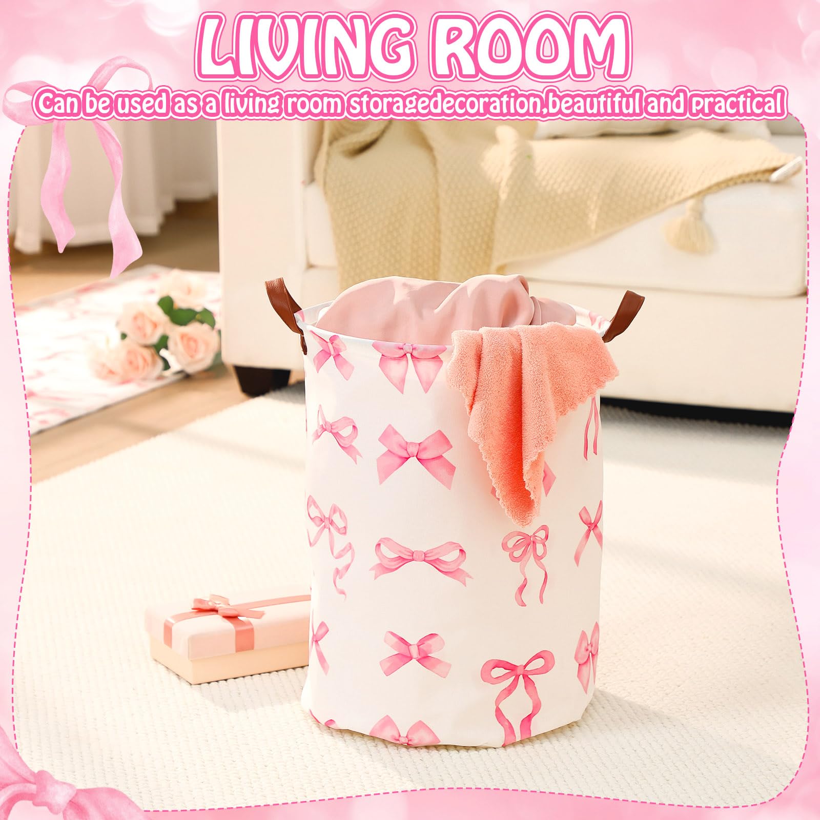 Croblissful 2 Pcs Coquette Pink Bow Laundry Basket Coquette Storage Basket For Girls Nursery Hamper With Handles Foldable Waterp