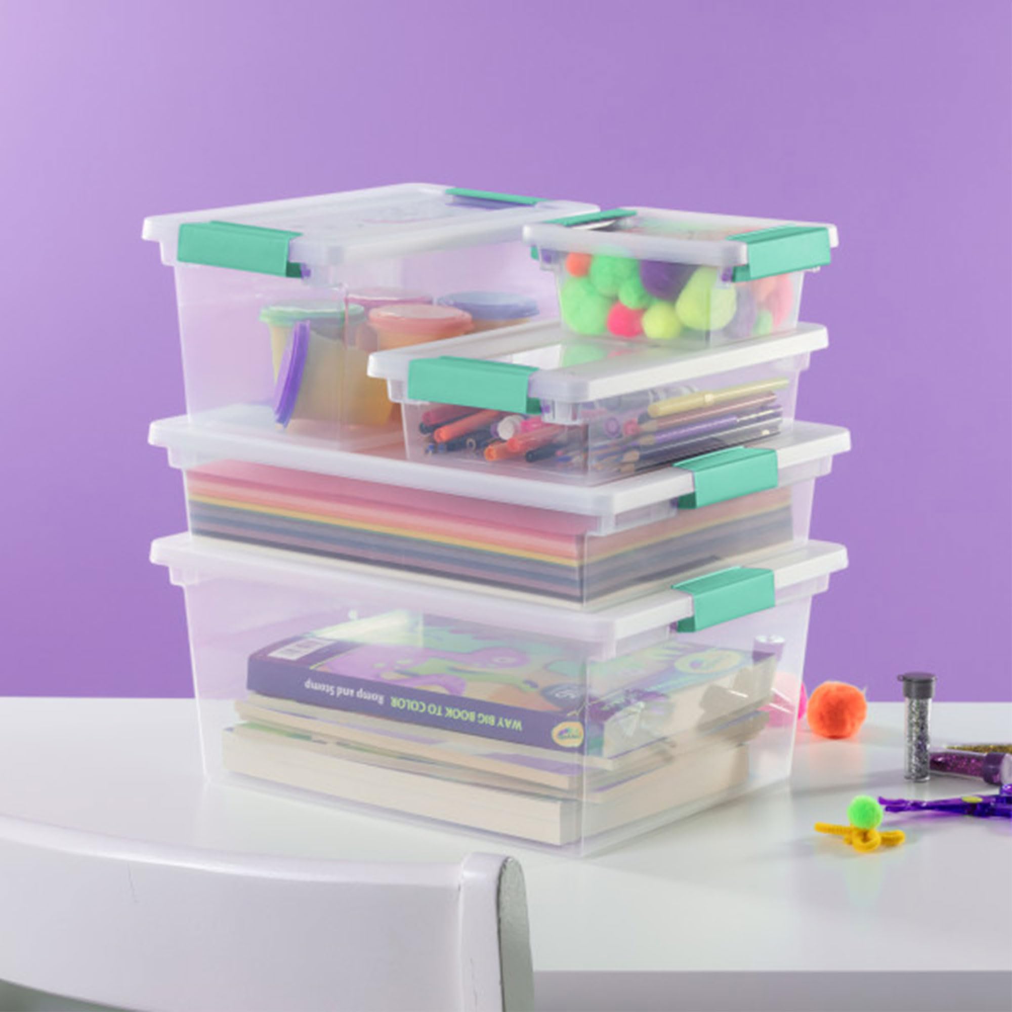 Sterilite Large Clip Box  Stackable Small Storage Bin with Latching Lid  Plastic Container to Organize Paper  Office  Clear Base and Lid  6-Pack