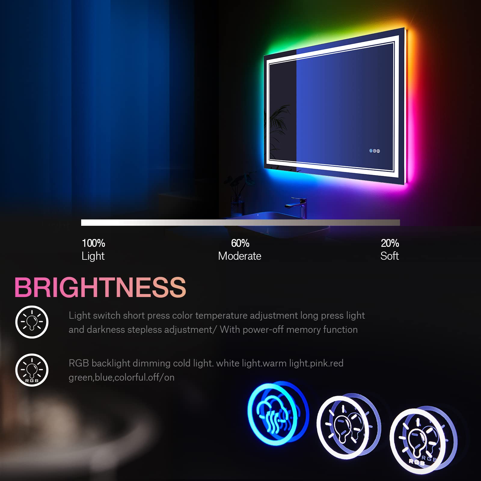 ISTRIPMF 40x24 inch LED Mirror for Bathroom RGB LED Lighted Bathroom Vanity Mirror with Lights Shatterproof Dimmable Anti-Fog RGB Backlit Mirror (RGB Multicolor Backlit + Front-Lighted)