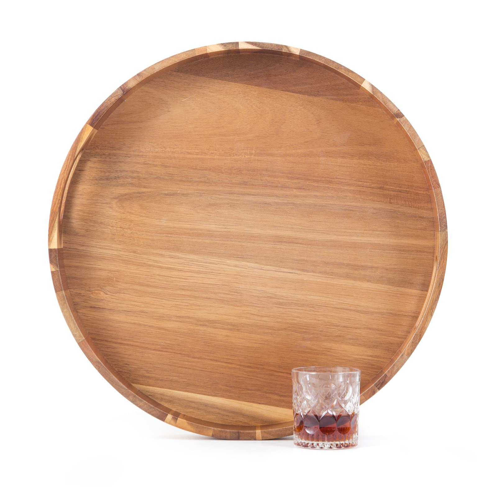 Round Wooden Serving Tray With Handles,20'' Large Diameter Wood Serving Trays For Ottoman,Rustic Acacia Wood Circle Tray For Eat