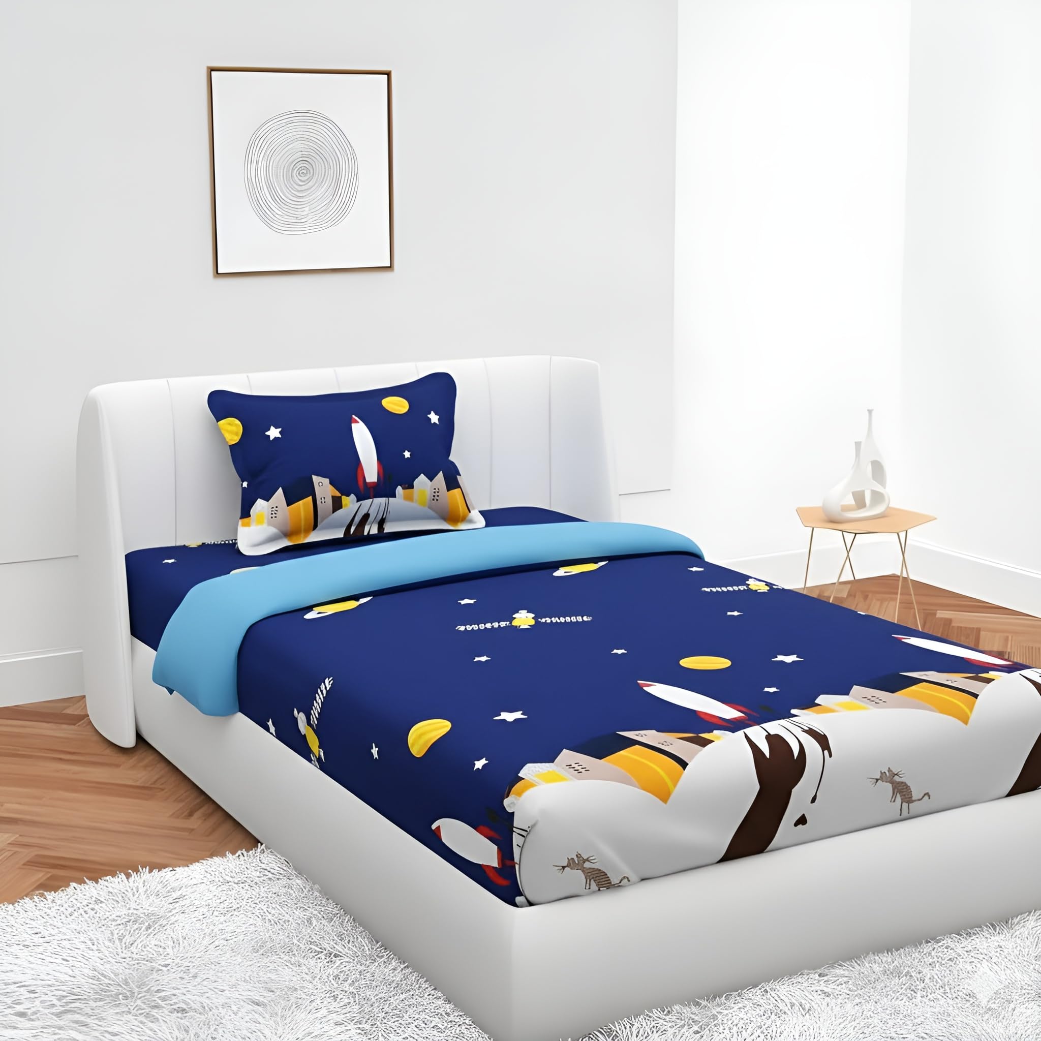 Gleeson Kids Bedsheet For Single Bed,Elastic Fitted Bed Sheet,Rocket Theme Bedsheets For Children Room,300 Tc All Around Elastic
