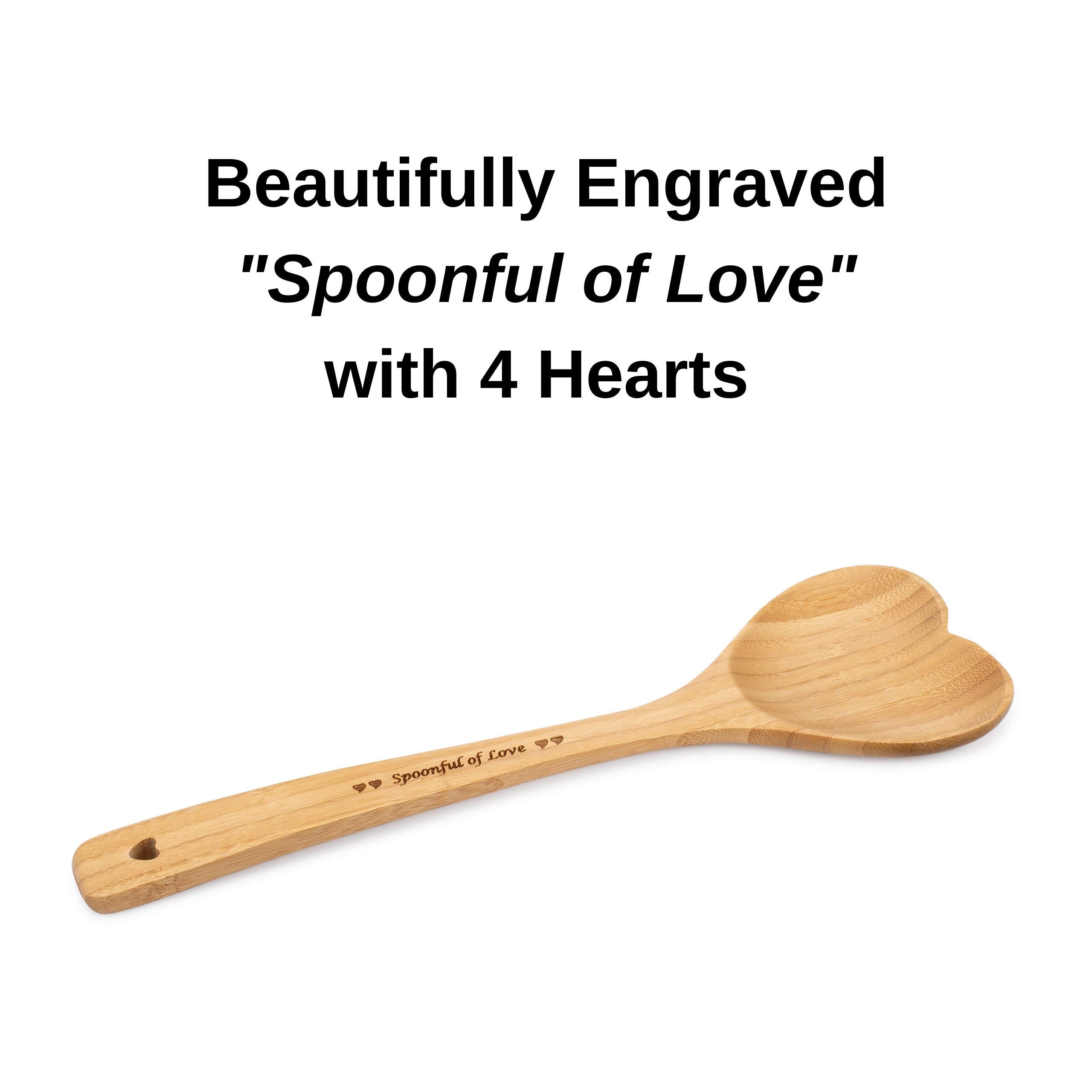 Heart Shaped Bamboo Spoon - Engraved Spoonful Of Love Wooden Serving Mixing Spoon - Vintage Country Kitchen Wood Utensil - Uniqu