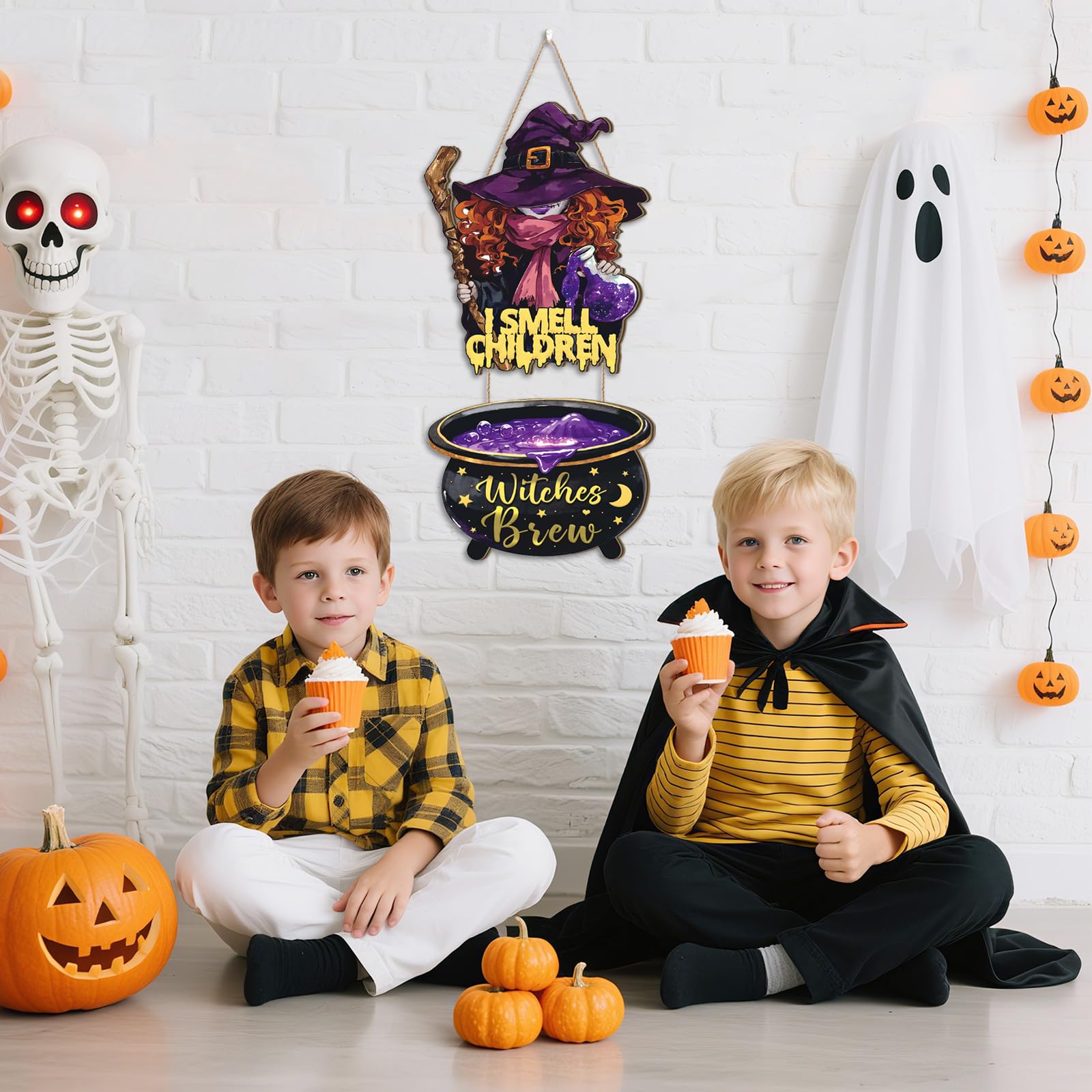 Aurlan Halloween Door Sign Witch,I Smell Children Sign,Halloween Door Hanger Hocus Pocus,Witches Brew Decor,Magic Witch Hat Wall